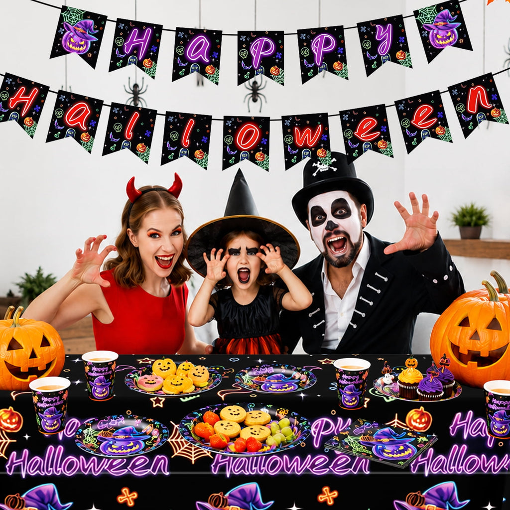 Wowhub Boo Ghost Pumpkin Halloween Tableware Set Serves 24, Halloween Plates and Napkins, Disposable Summerween Party Supplies with Cups, Cutlery & Tablecloth for Halloween Birthday Decorations