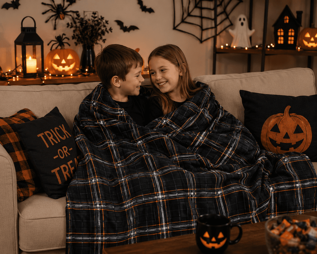 Serafina Home Halloween Throw Blanket: Fuzzy Boo! Jack O'Lantern Spider Webs Skull and Black Cats Print on Velvet Fleece for Sofa Bed Couch Chair Dorm