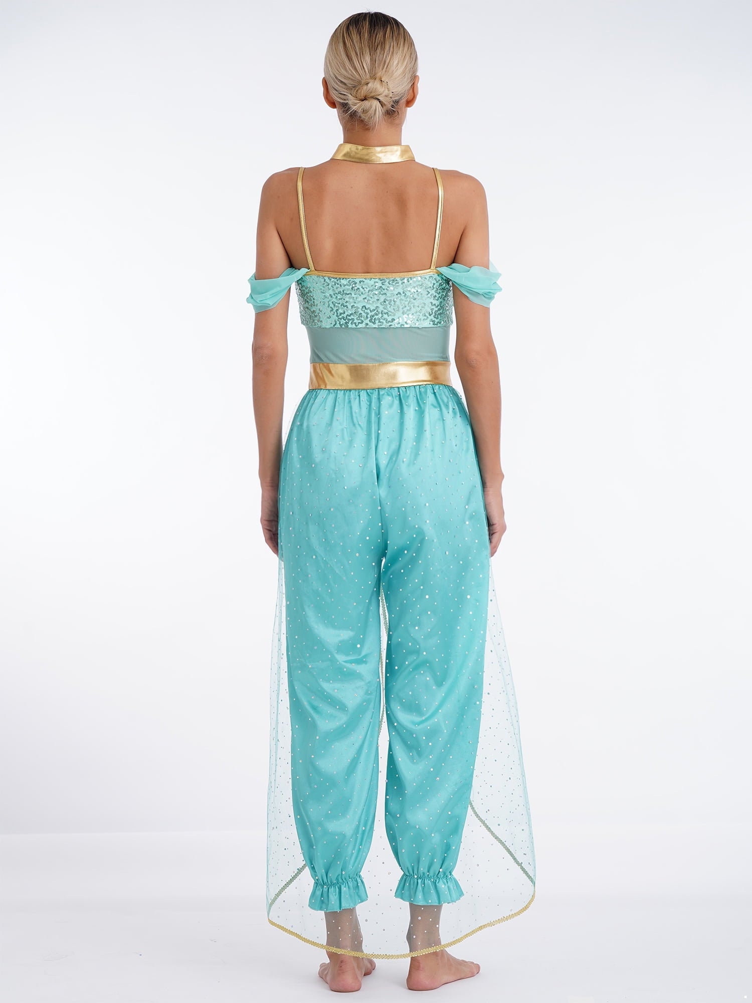 YiZYiF Women's Arabian Princess Dance Costume Halloween Party Fancy Dress Shiny Belly Dance Jumpsuit Turquoise B 4XL