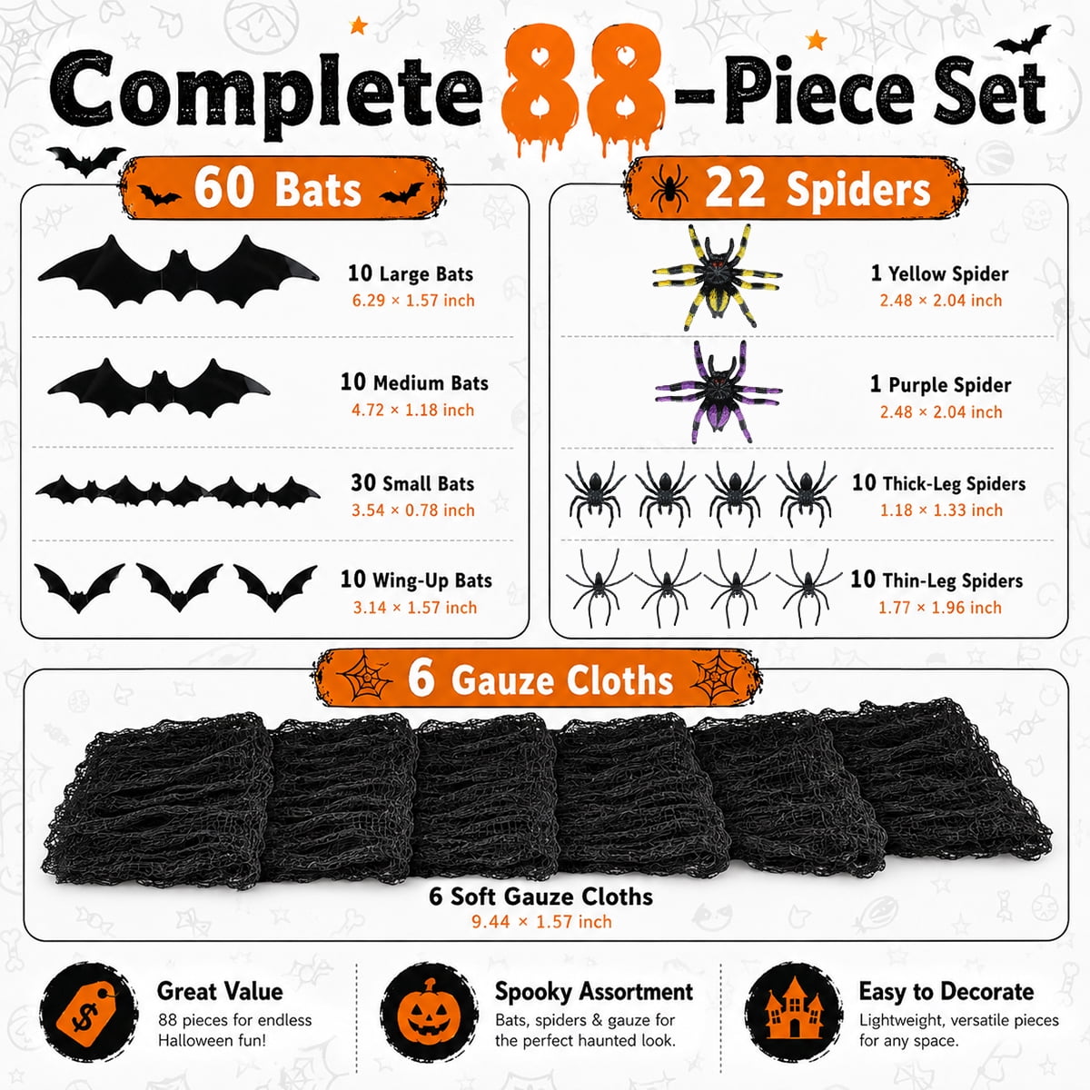 Halloween Creepy Cloth Halloween Gauz Scary Decoration with Bats Spiders Fabric Hanging Spooky Stuff for Indoor Outdoor Home Wall Haunted House Party Supplies 88Pcs Set 1