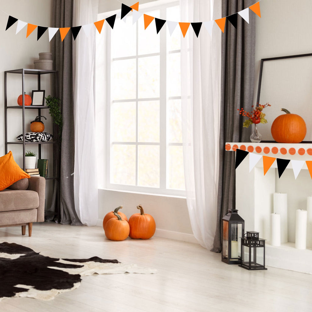 Tripumer 120 Pcs Triangle Flag Banner String for Halloween Decorations 164ft Birthday Hanging Flag for Birthday Party Mardi Gras Outdoor Event Decorations - Black+White+Orange