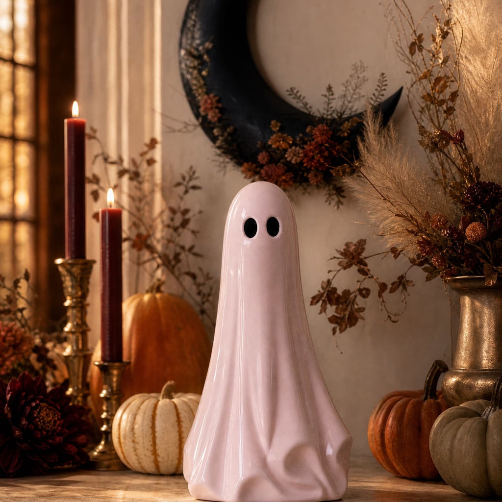 Pink Halloween Decor Ghost Candy Bowl Figurine with Bow and Scalloped Holder for Indoor Tabletop Decor and Party Favor Display
