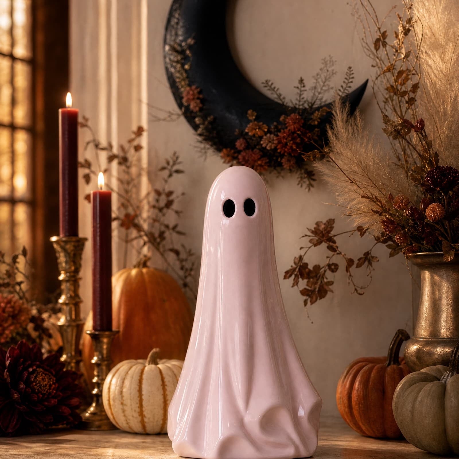 Pink Halloween Decor Ghost Candy Bowl Figurine with Bow and Scalloped Holder for Indoor Tabletop Decor and Party Favor Display