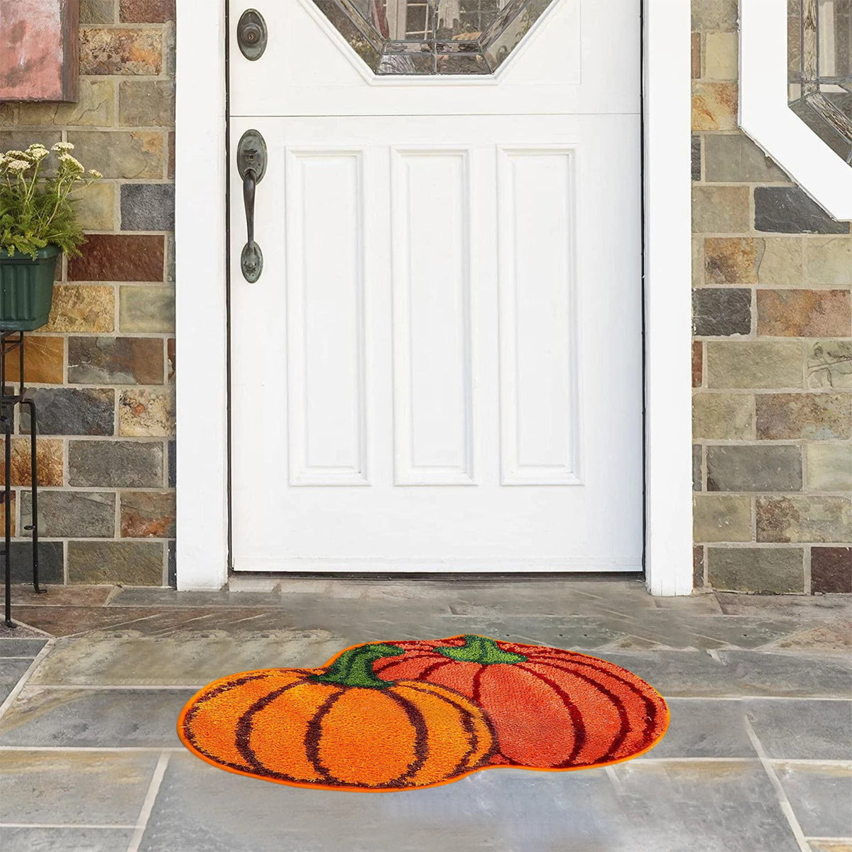 Orange Plaid Fall Outdoor Mat, Hand-Woven Porch Rug for Thanksgiving Halloween Door Decor