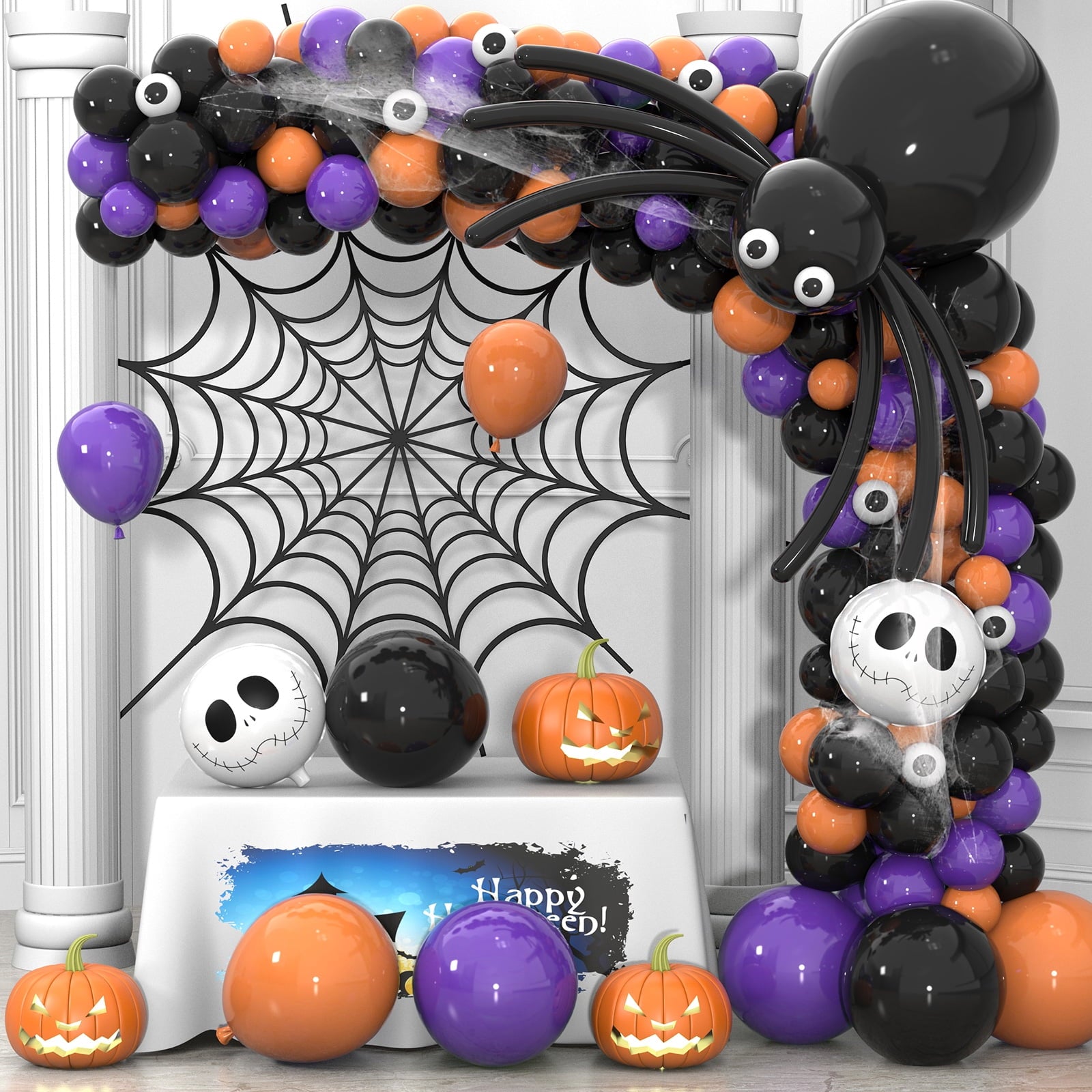 134Pcs Halloween Balloons Garland Kit, Black Orange Balloons Spider Balloons, Long Balloons, 3D Bat Sticker for Halloween Theme Party Background Classroom Decorations