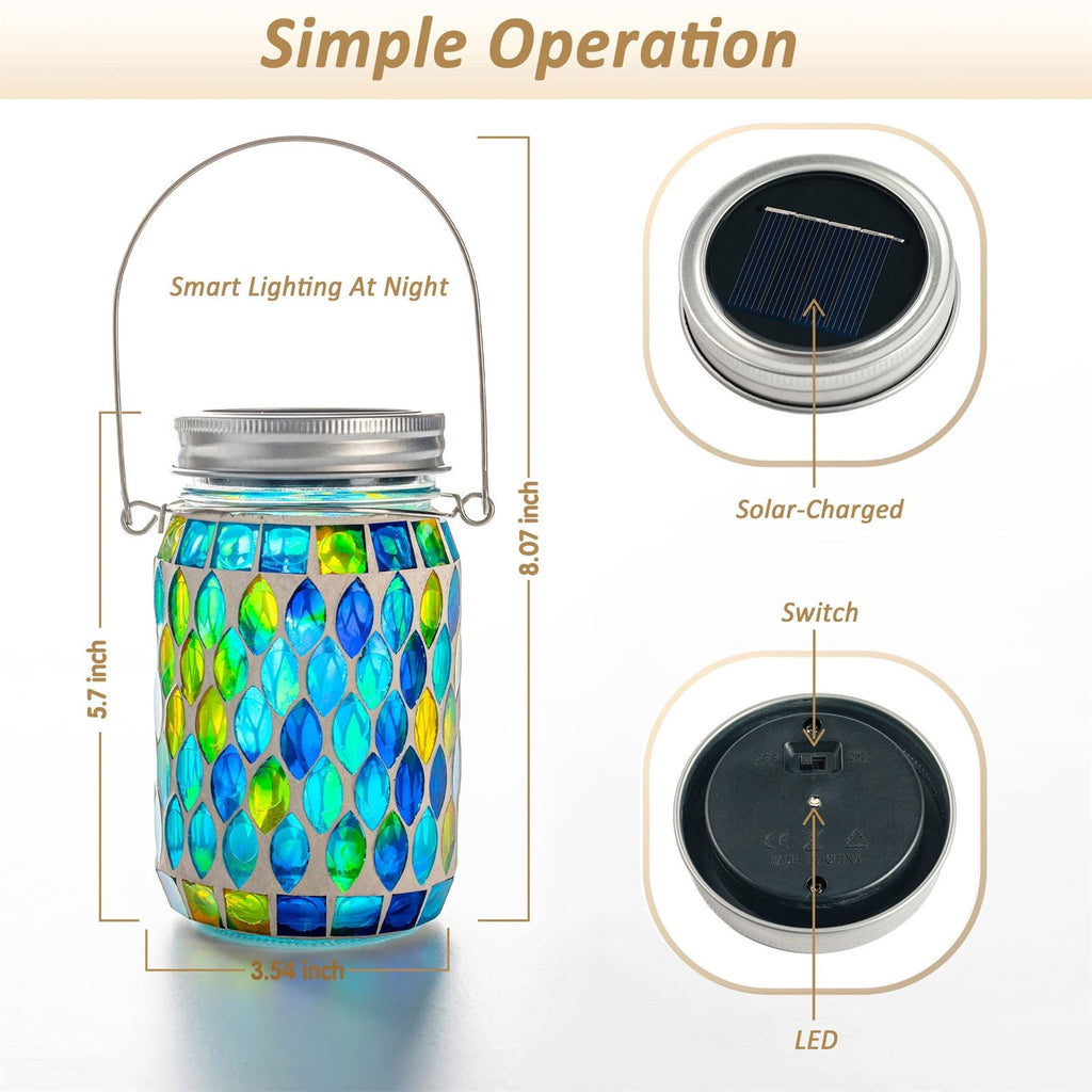 Hanging Solar Lantern,Solar Jar Light,Outdoor Waterproof Mosaic Glass Hanging Solar Lantern for Garden,Decorative Solar Lamp LED Night Light for Backyard(Blue 6*4.5in)