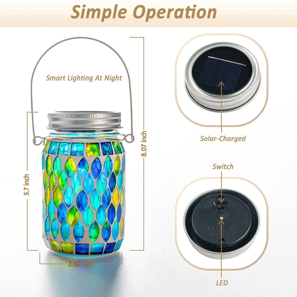 Hanging Solar Lantern,Solar Jar Light,Outdoor Waterproof Mosaic Glass Hanging Solar Lantern for Garden,Decorative Solar Lamp LED Night Light for Backyard(Blue 6*4.5in)