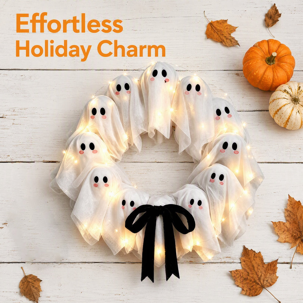 Halloween Glowing Ghost Wreath, Light-up Spooky Wreath with 12 Ghost Decor, RC, 6H Timer, Ideal for Halloween Party (A 12x3inch)