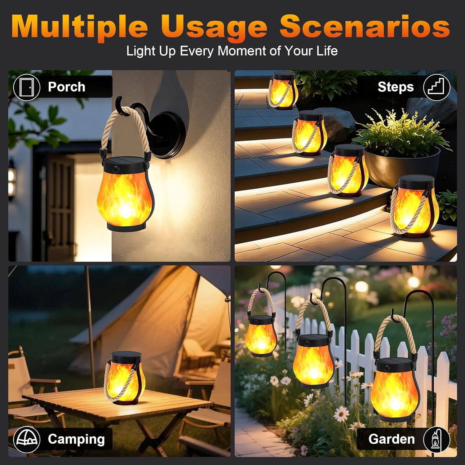 Gkcity Solar Lanterns Outdoor with Ultra-Real Flame, Dual Charging (USB/Solar) & 2 Modes - Waterproof Decorative Hanging/Table Lights for Yard Patio Garden Gift Halloween Easter Decoration, 1 Pack
