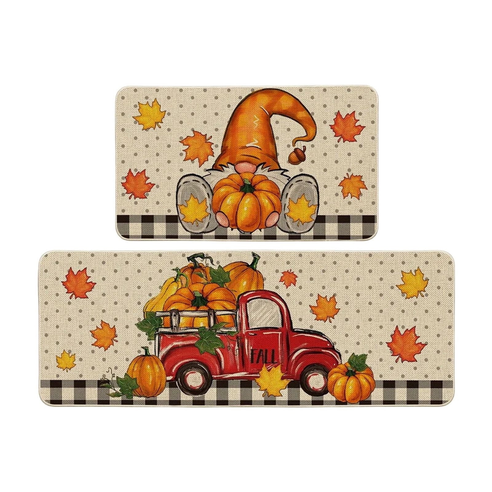 HOARBOEG Fall Pumpkin Maple Leaf Floor Mat 2-Piece Set - Non-Slip Halloween Thanksgiving Decorative Rug for Bathroom, Kitchen, Porch, Entrance, Polyester Foot Mats, Easy Clean Indoor/Outdoor