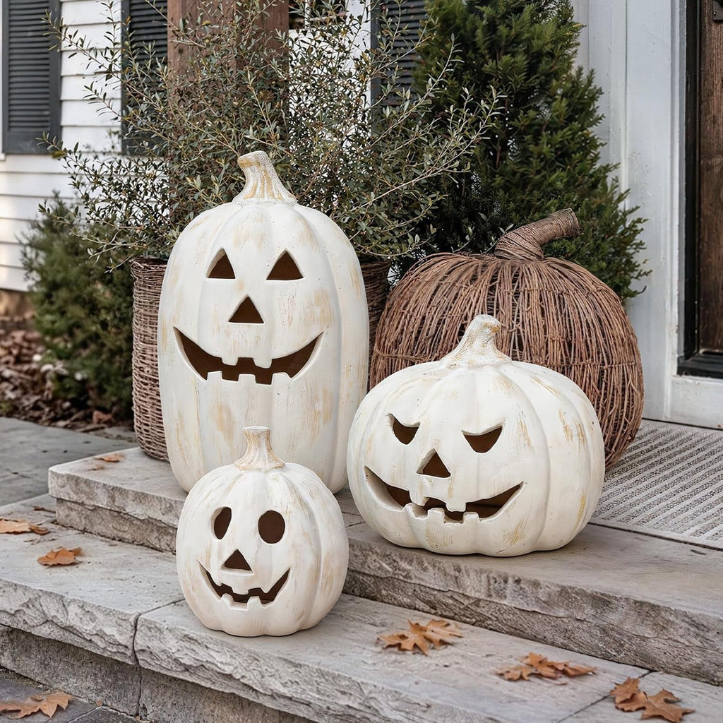 Fall Decor - Halloween Decorations - 5.9"H White Handmade Resin Pumpkin Jack O' Lantern with Flameless Candle - Outdoor Indoor Autumn Decoration for Table Centerpieces Porch Room Front Door
