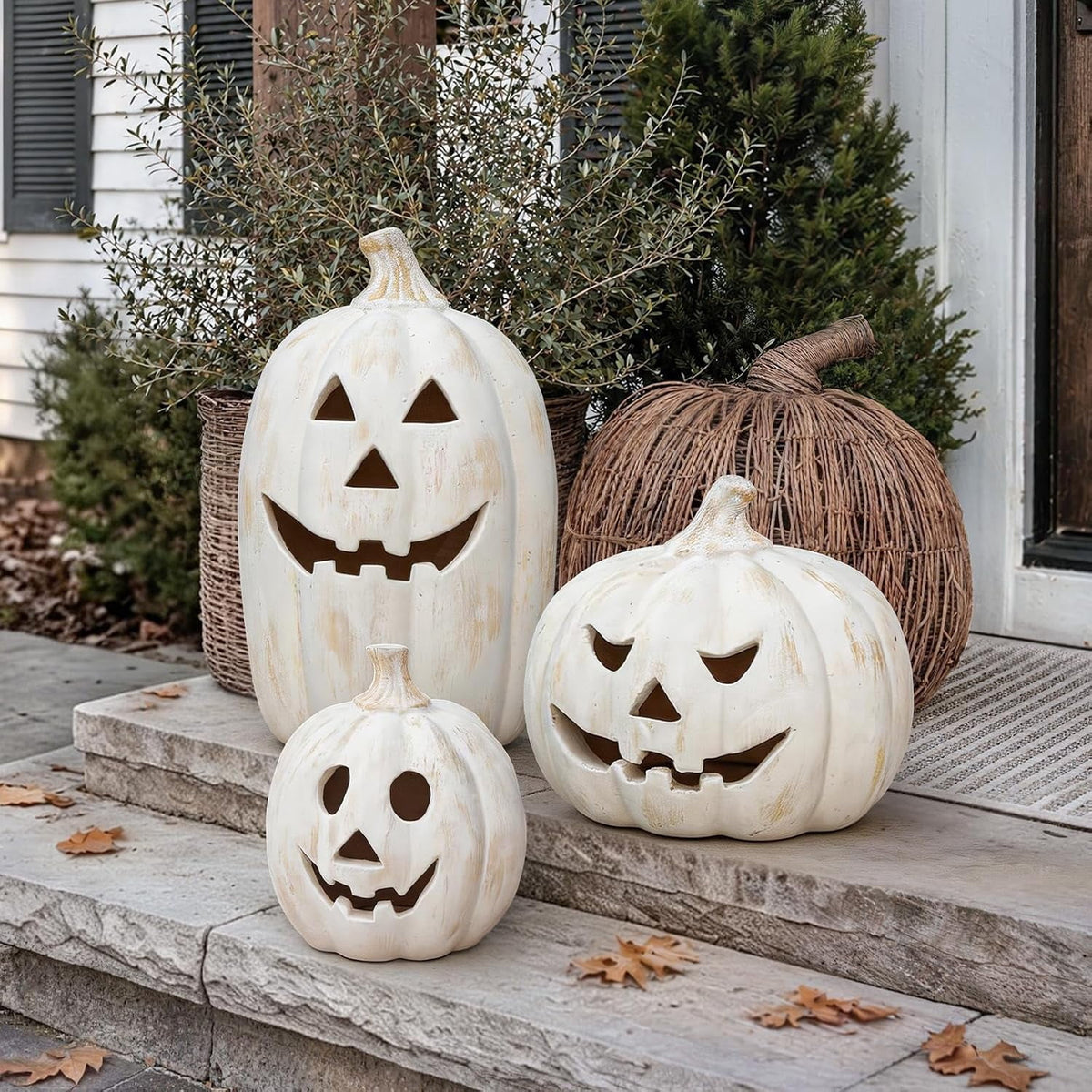 Fall Decorations for Home - Halloween Decor Indoor - 7.87" H White Handmade Resin Pumpkin Jack O' Lantern with Flameless Candle - Outdoor Decoration for Front Door Porch Mantel Kitchen Living Room