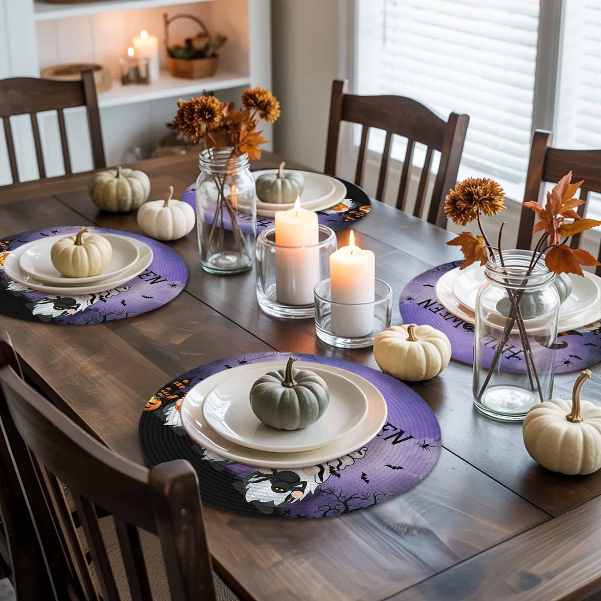 Halloween Round Placemats Set of 4 Gnomes Pumpkin Place Mats Washable Woven Placemat Black Cat Bat Castle Purple Circle Braided Table Mat for Kitchen Dining Table Holiday Party Home Decor 15 Inch
