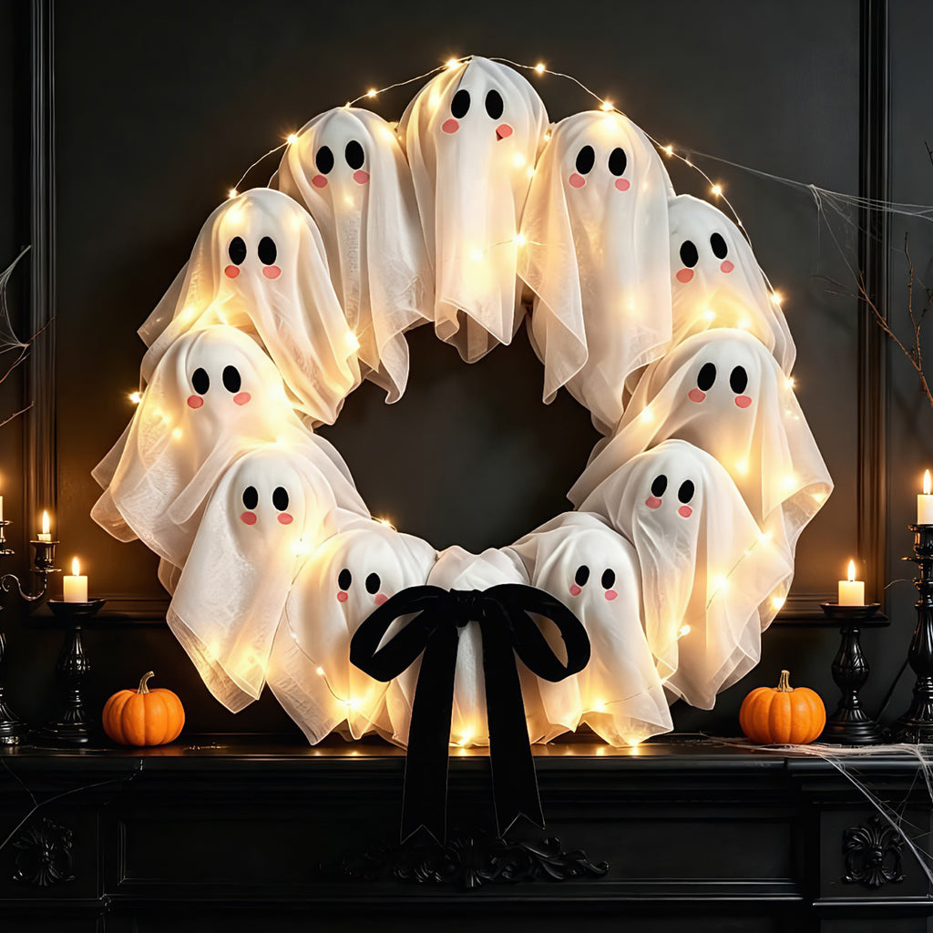 Halloween Glowing Ghost Wreath, Light-up Spooky Wreath with 12 Ghost Decor, RC, 6H Timer, Ideal for Halloween Party (A 12x3inch)