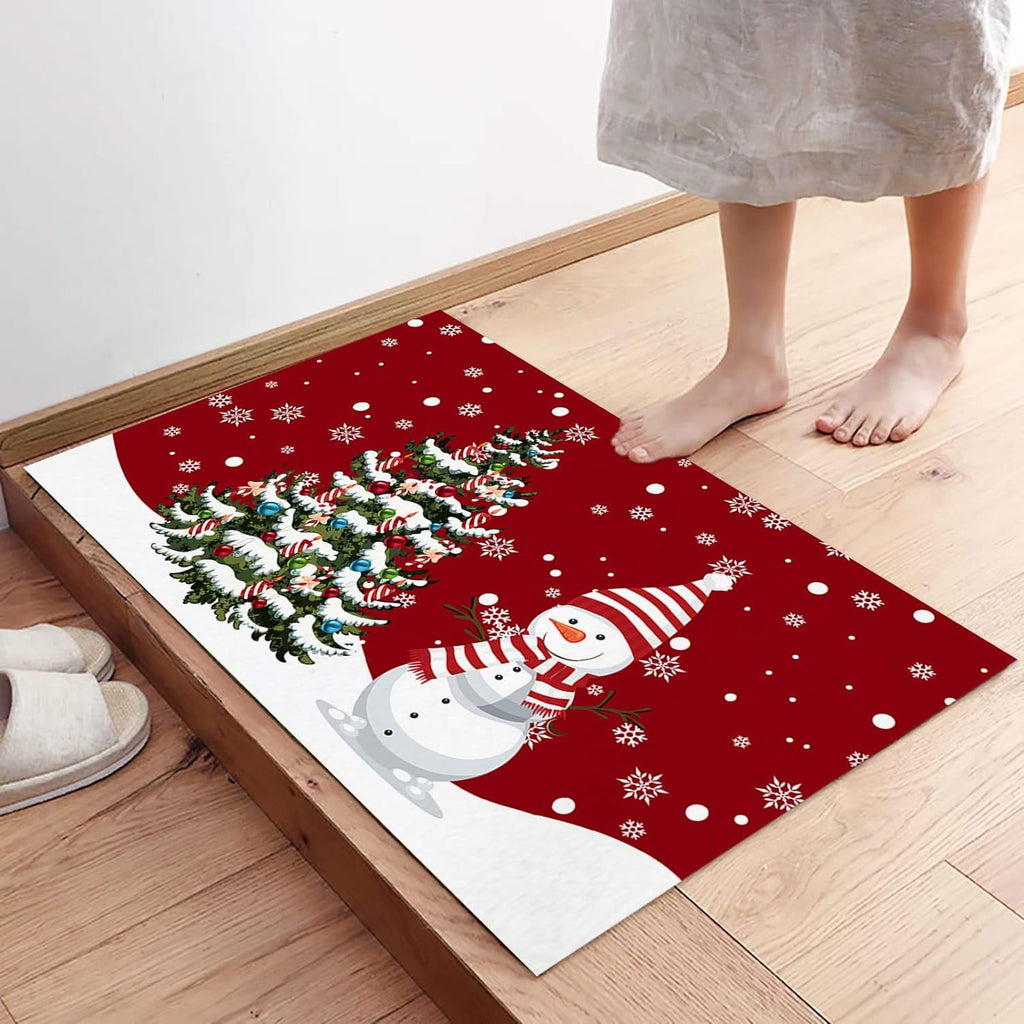 Christmas Snowman Trees Entrance Door Mat, Red Plaid Low Profile Tradition Christmas Decor Welcome Doormat, Non-Slip Carpet Rugs Floor Mat Decorative for Home/Bathroom/Kitchen - 20"x31.5"