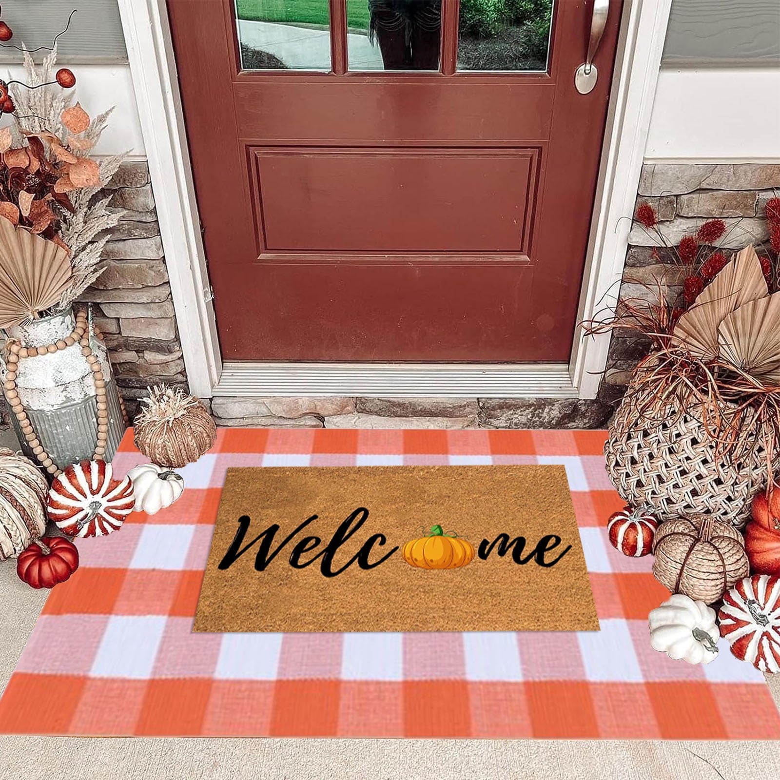 Guozer Fall Outdoor Rug Orange Plaid Outdoor Rug Cotton Hand-Woven Check Rug Layered Doormats For Front Door/Front Porch/Farmhouses/Entryway/Patio 23.6''x 35.4''