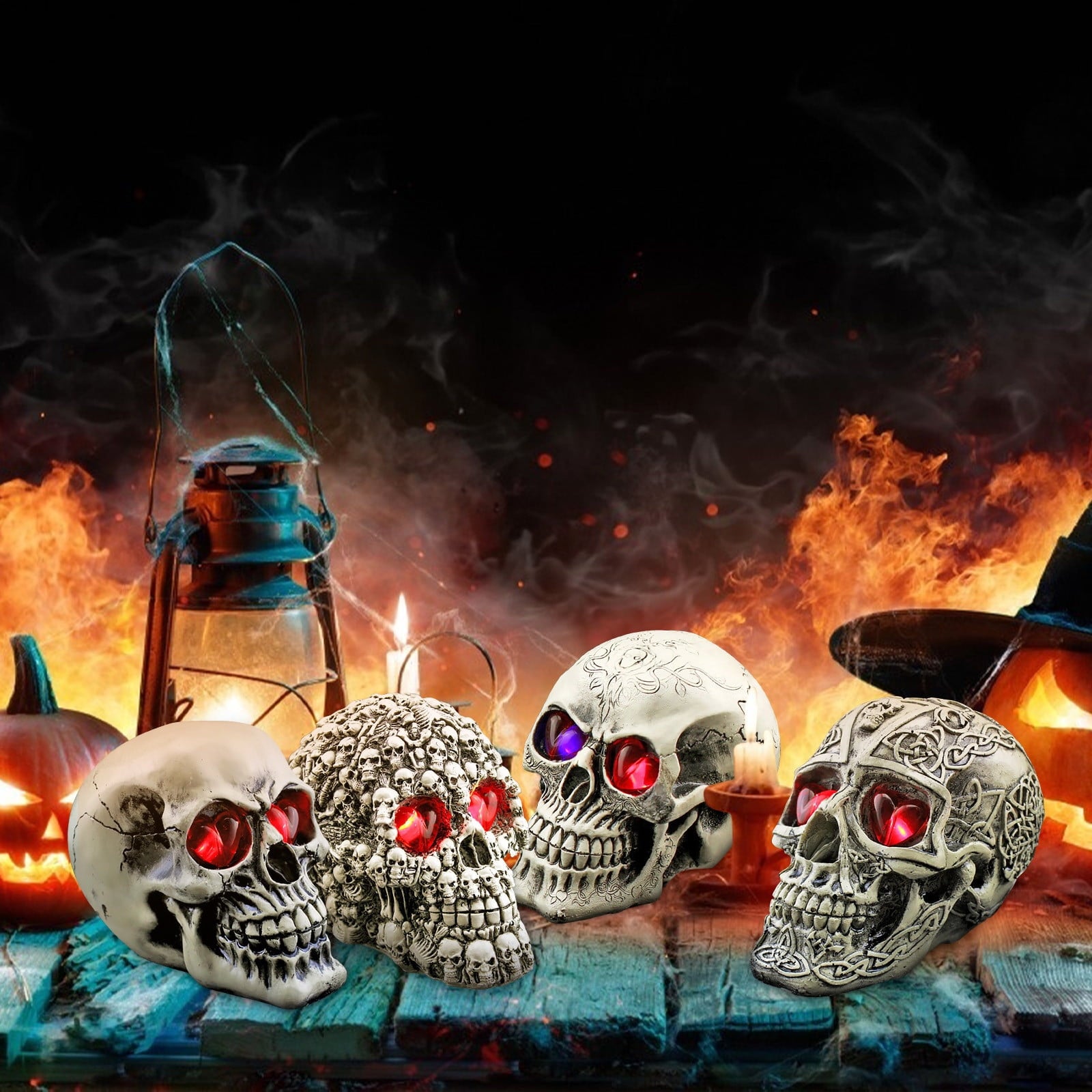 Matoen Halloween Skull Decorations Indoor Table Desk Home Decor Haunted House Halloween LED Lights Up Eyes Party Supplies Animated Skull Scary Eyeballs