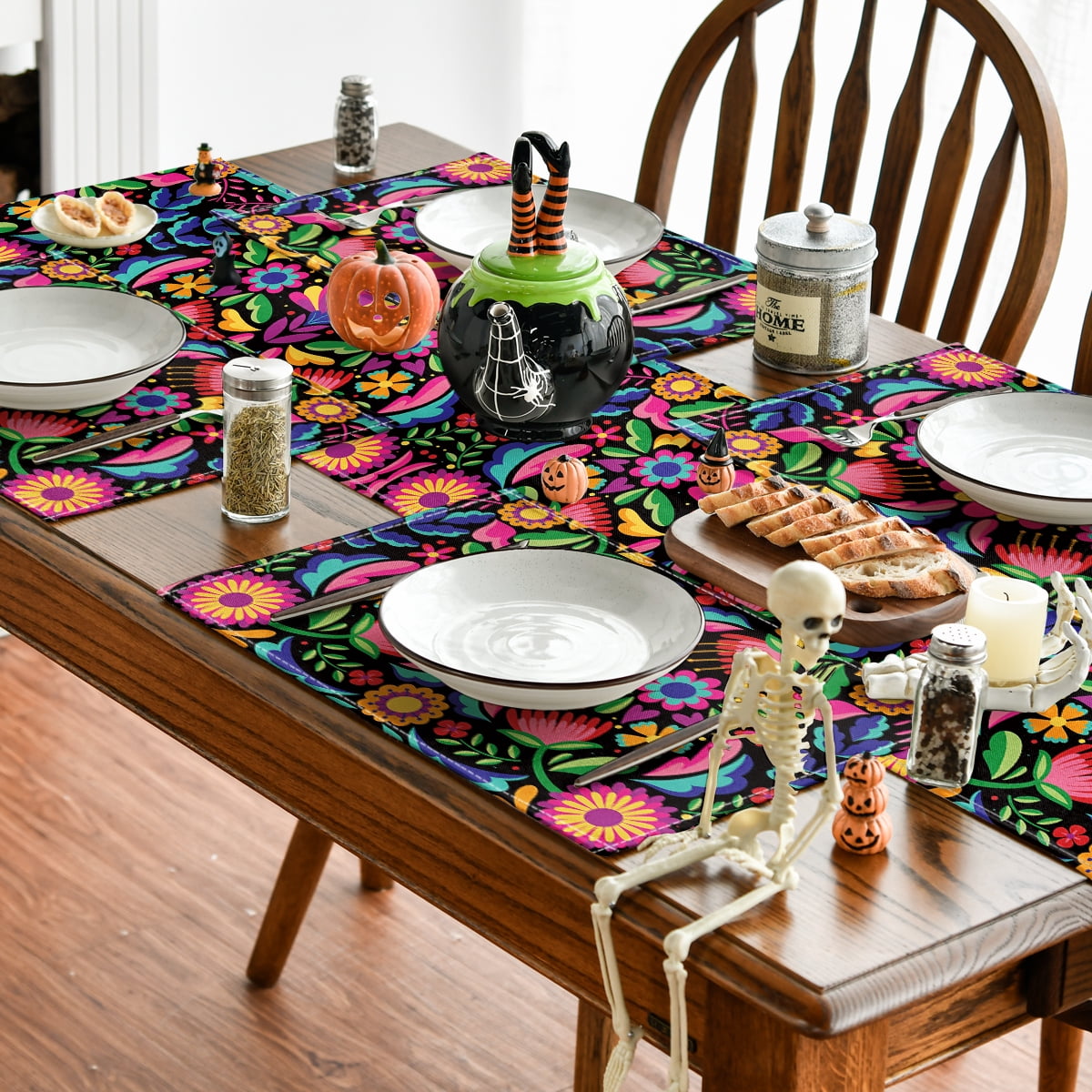Sm:)e 13"x72" Black Floral Dia De Los Muertos Serape Table Runner, Polyester, Mexican Fiesta Design, Party Kitchen Dining Decoration