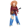 15" Animated Banjo Cowboy Skeletons with Clothes and Hat for Party Shelf Halloween Decorations(Red)