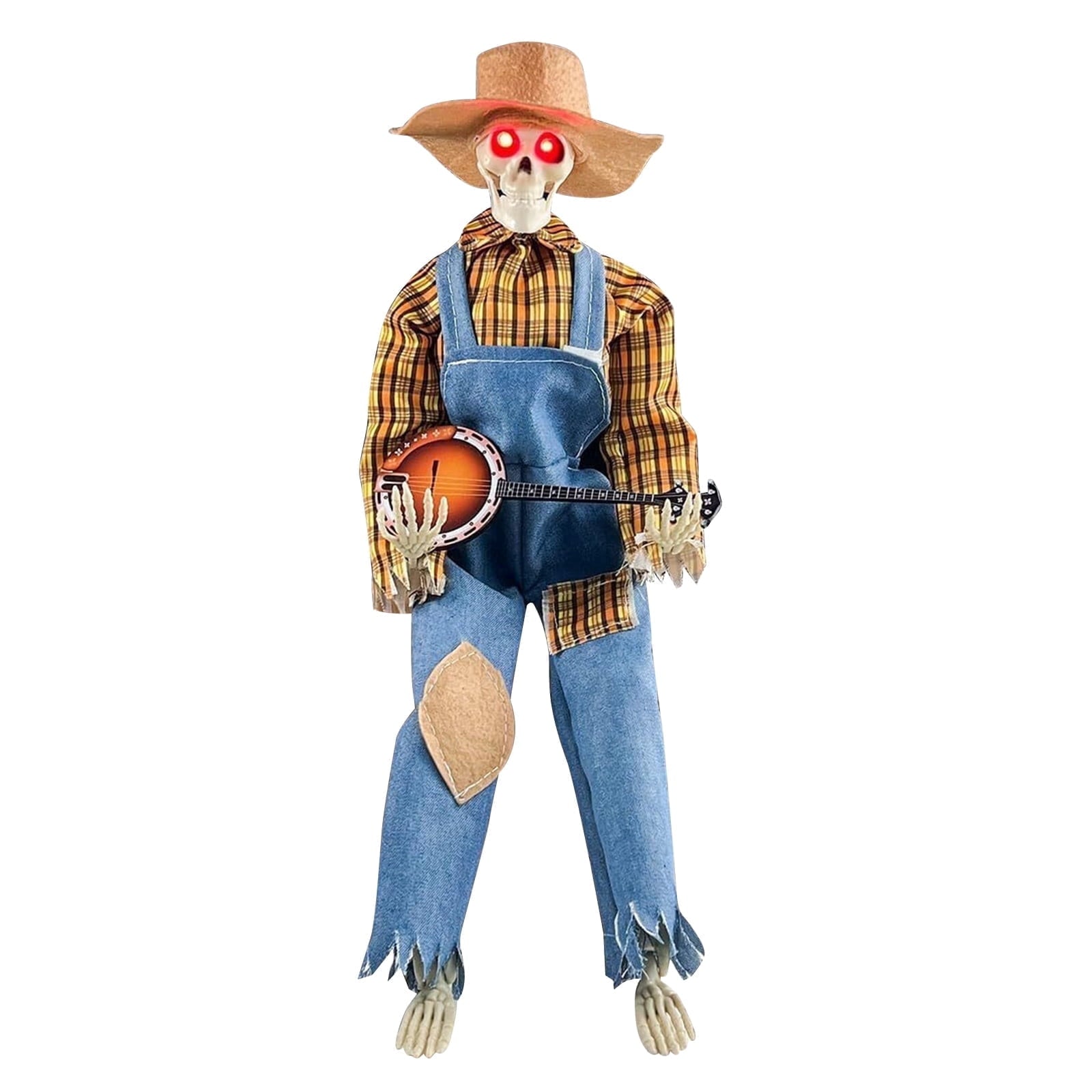 15" Animated Banjo Cowboy Skeletons with Clothes and Hat for Party Shelf Halloween Decorations(Red)