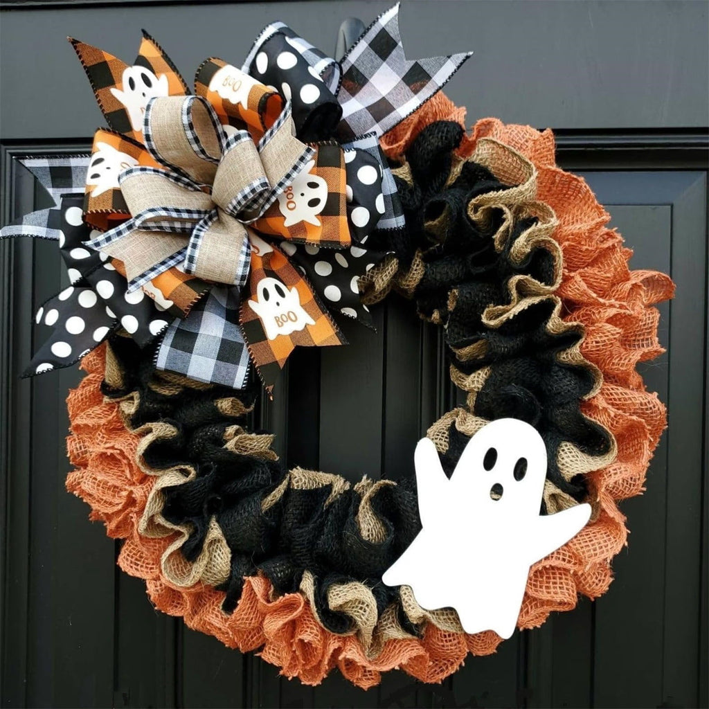 15" Halloween Boo Ghost Wreath for Front Door - Farmhouse Burlap Wreath with Bows, Indoor/Outdoor Decor for Home, Window & Party, Trick or Treat Welcome Sign