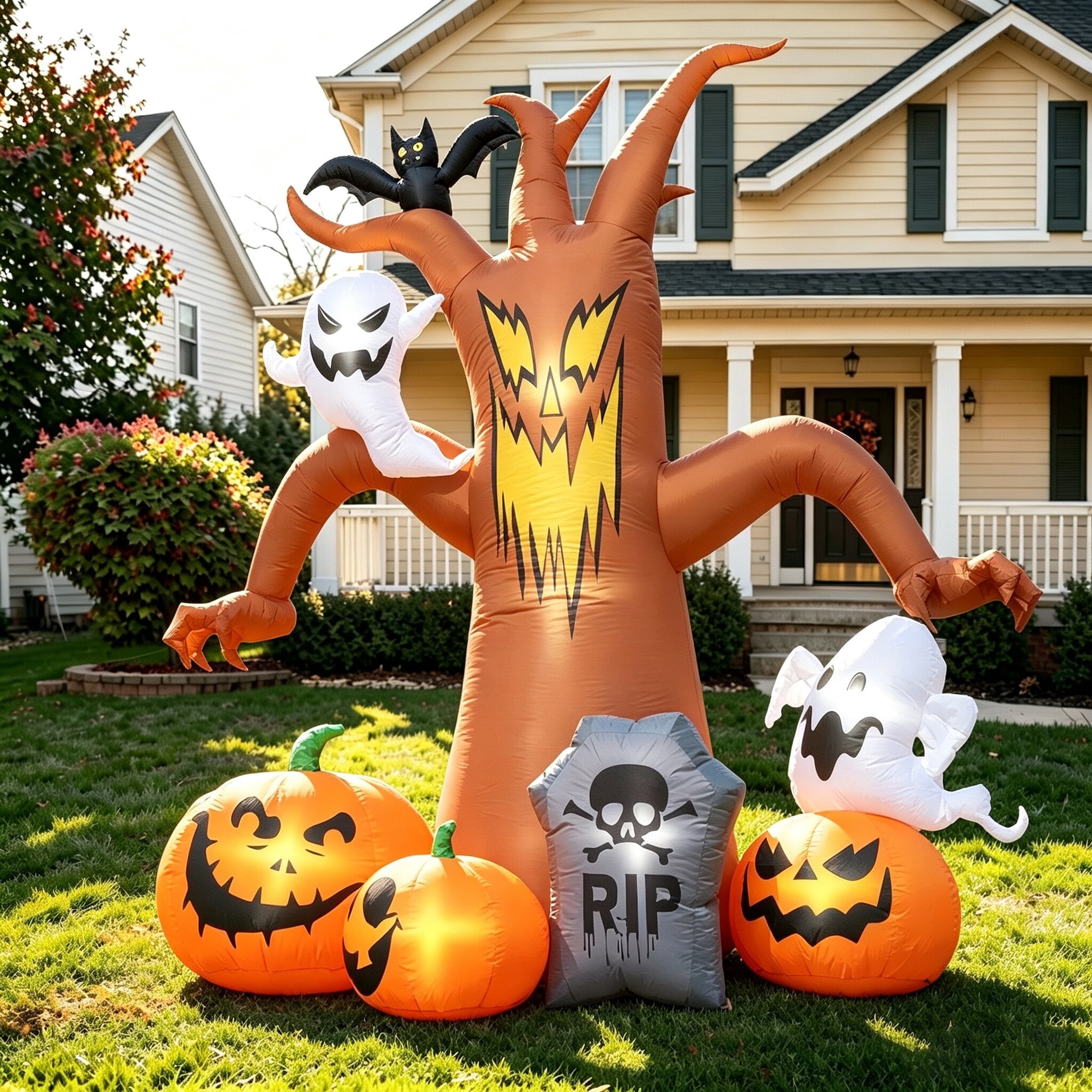 Coolmade 8 ft Halloween Inflatable Dead Tree, Blow‑Up Yard Decor with Built‑in LED Lights, Pumpkin Ghost Tombstone Bat for Lawn Garden Party