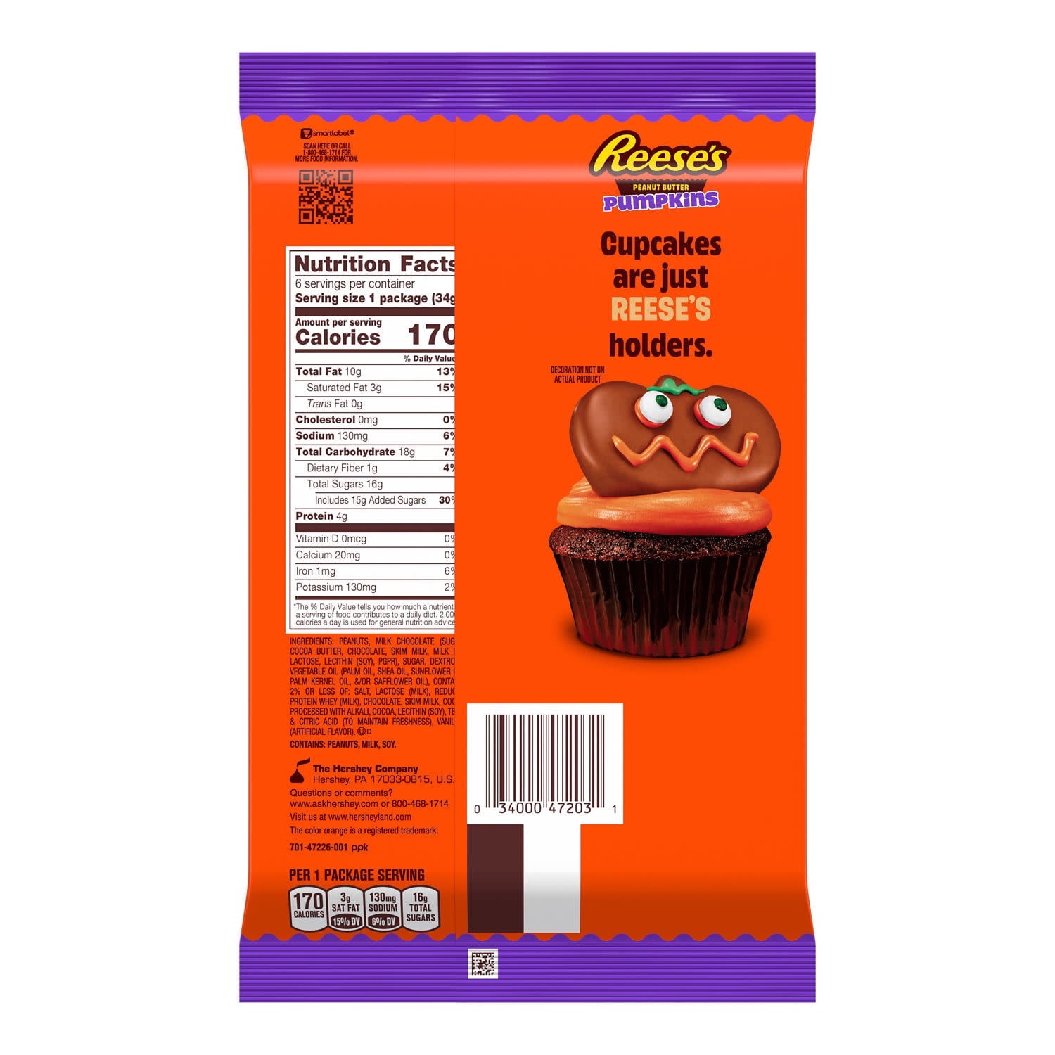 Reese's Milk Chocolate Peanut Butter Pumpkins, Halloween Candy Packs, 1.2 oz (6 Count)
