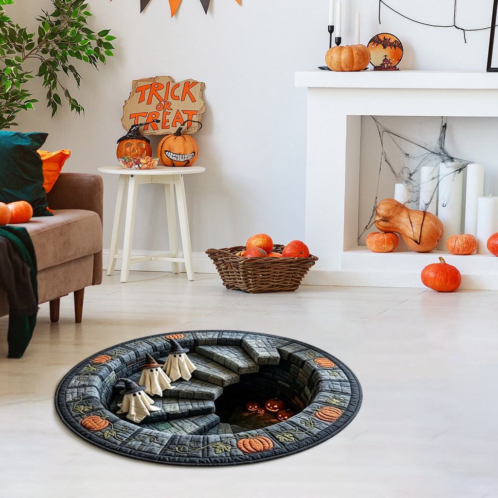 Halloween Round Rug 50cm Optical Illusion, Spooky Ghost Pumpkin Skull Mat, Non-Slip Entryway Bedroom Doormat for Home Party Floor Decor