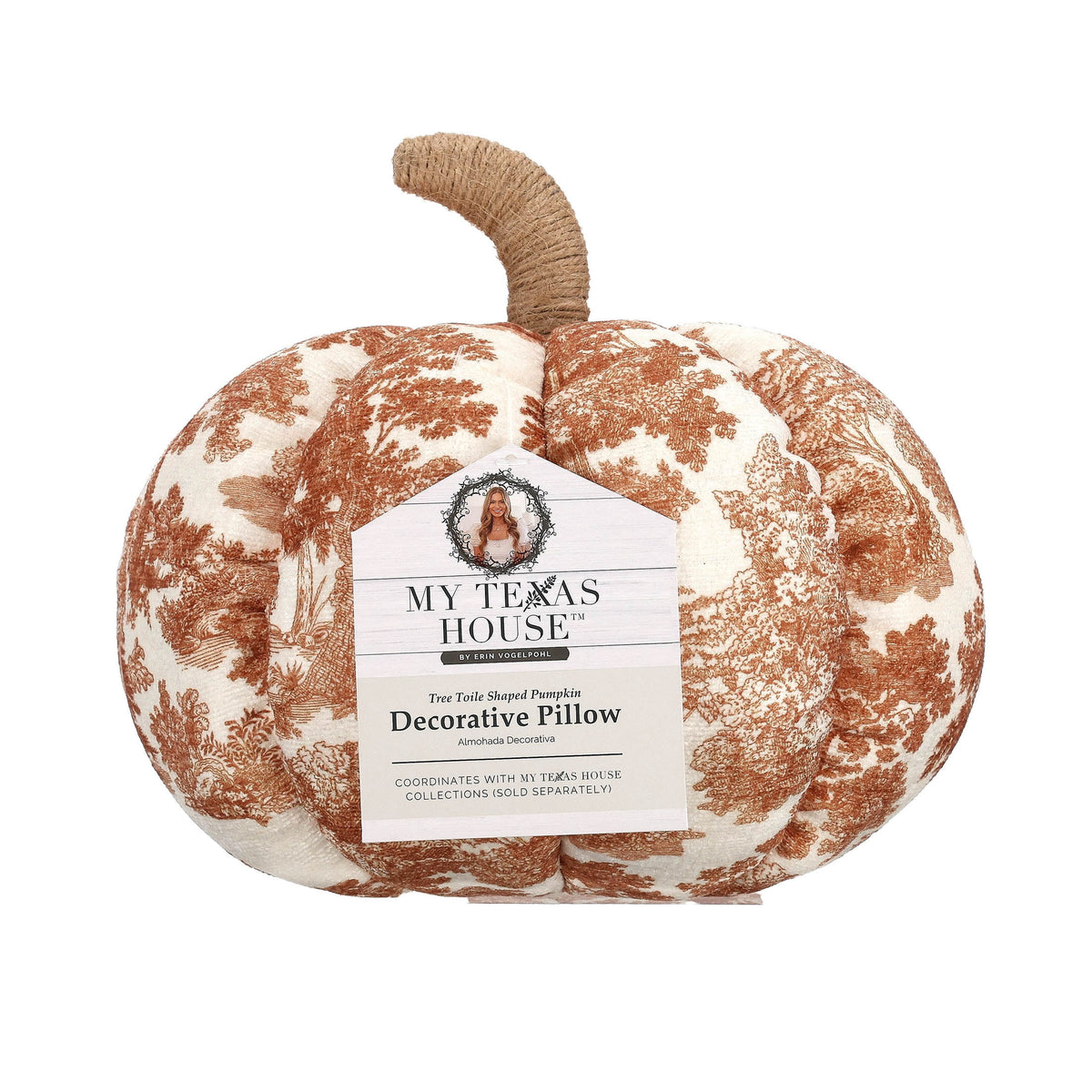 My Texas House Fall Forest Toile Pumpkin Decorative Pillow, Rust and Cream, 6"
