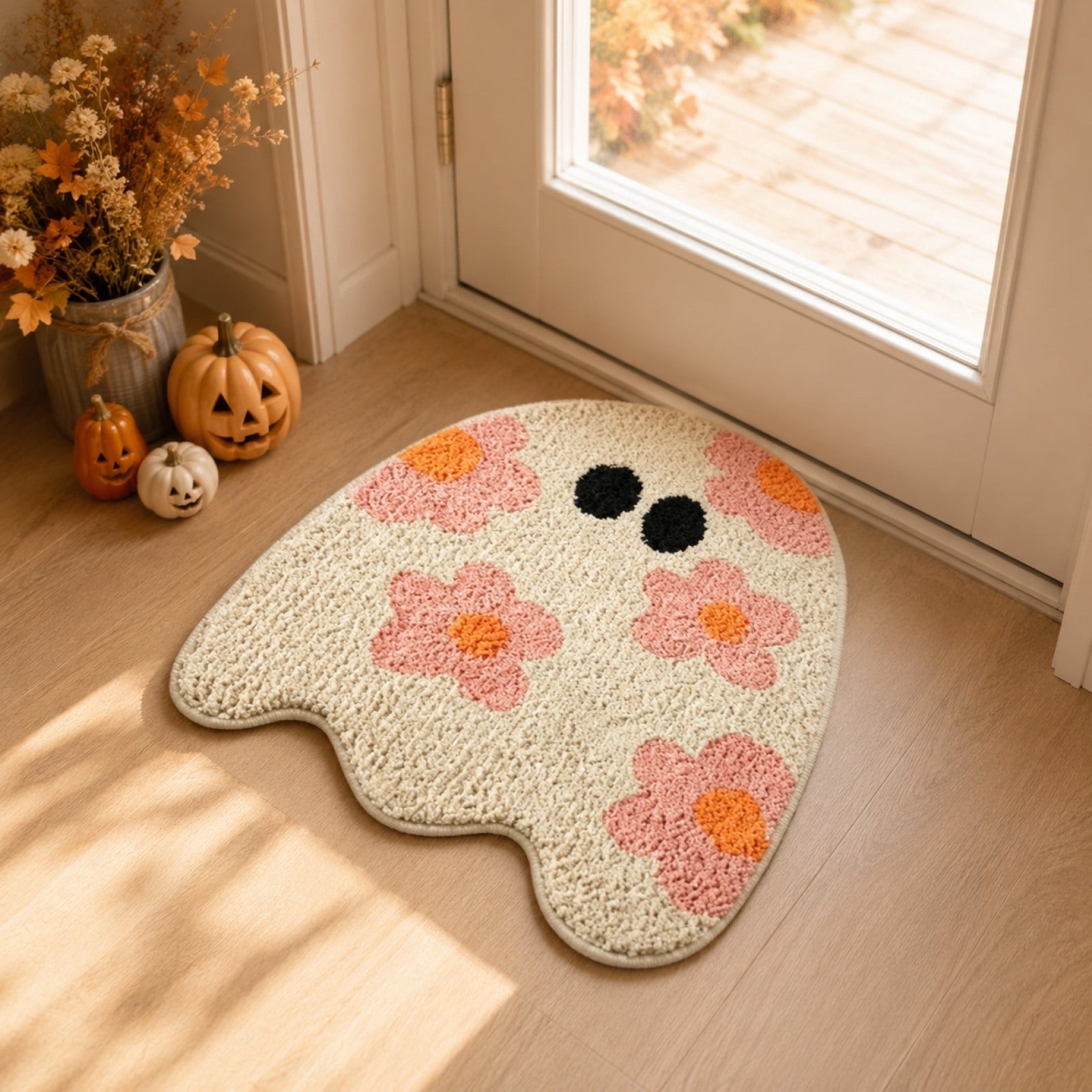 Pink Ghost Shaped Halloween Bath Mat, Boho Vintage Floral Funky Halloween Bath Mat for Bathroom Aesthetic Decorations, Rugs Non-Slip Washable Multicolor