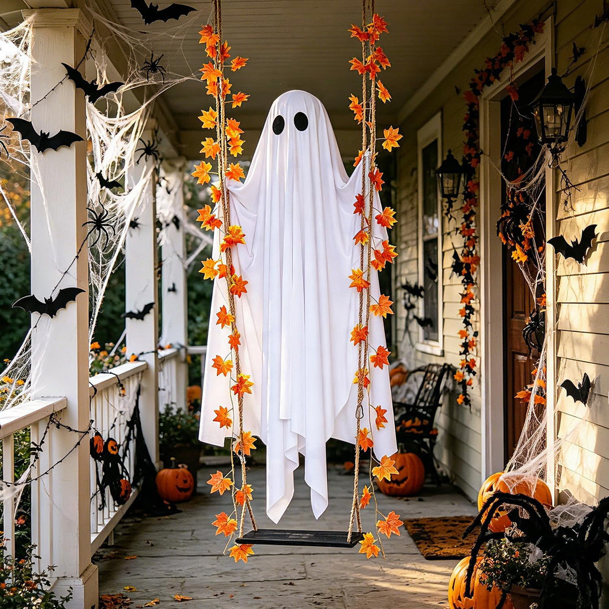Hanging Swinging Ghost Halloween Decor - Outdoor Halloween Decorations with Ghost on A Swing for Outside Garden Yard Porch Tree, 4.4 FT Large Spooky Cute Ghosts with String Lights for Indoor Party