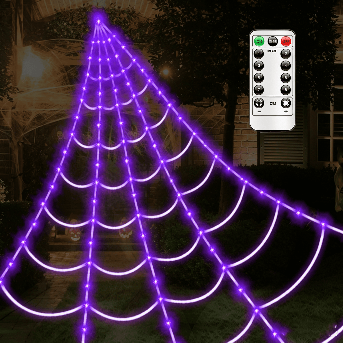16.4Ft Large Spider Webs Halloween Decorations Lights, Outdoor Battery Operated Purple Halloween String Lights with 8 Modes Remote Control 125 LEDs Spiderweb,60" Large Spider,Waterproof (Purple)
