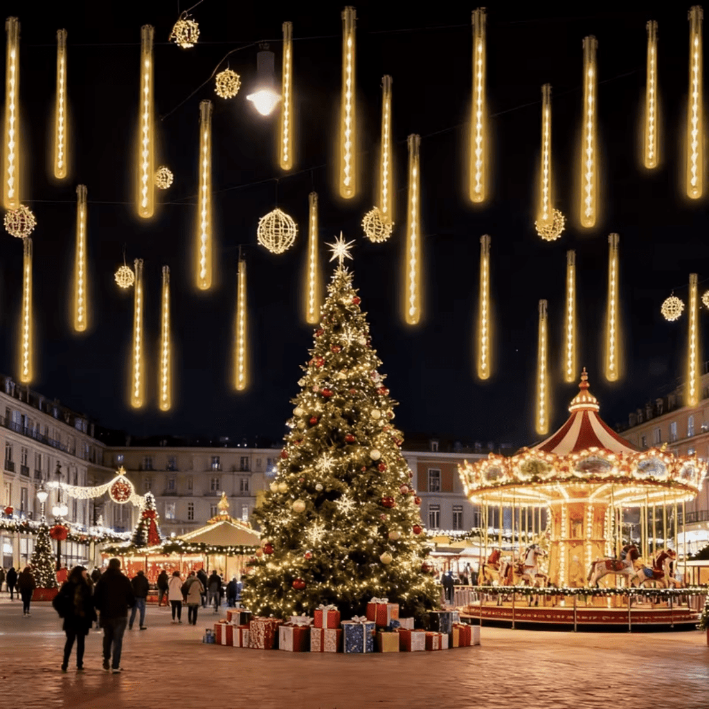 Multicolor Meteor Shower Lamp, Outdoor Solar Powered Icicle Lamp, Snowflake Falling Rain String Lamp, Christmas Tree Lamp, 10 Tubes, 11.8 Inches, 300 Led, Suitable For Halloween, Holiday Parties