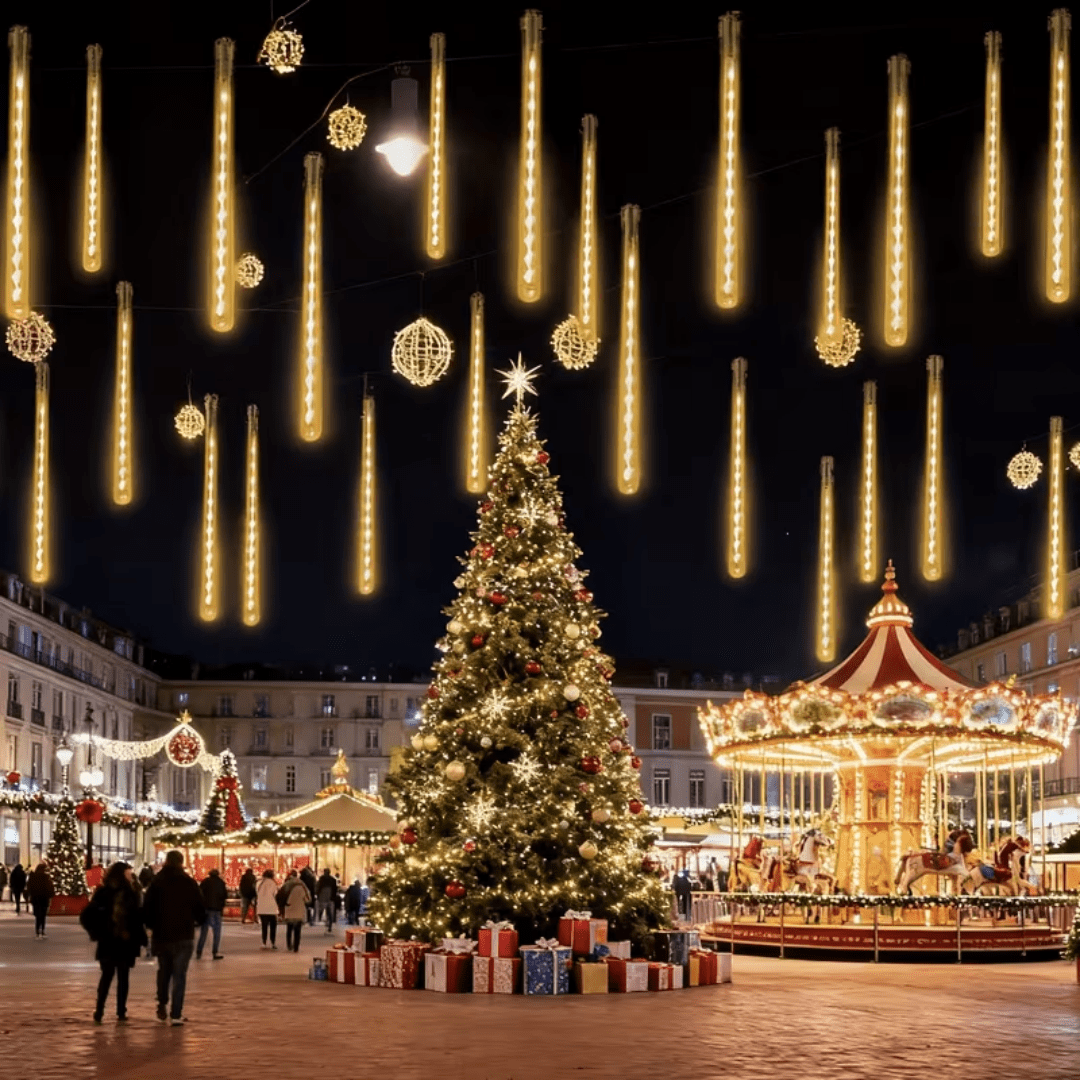Multicolor Meteor Shower Lamp, Outdoor Solar Powered Icicle Lamp, Snowflake Falling Rain String Lamp, Christmas Tree Lamp, 10 Tubes, 11.8 Inches, 300 Led, Suitable For Halloween, Holiday Parties
