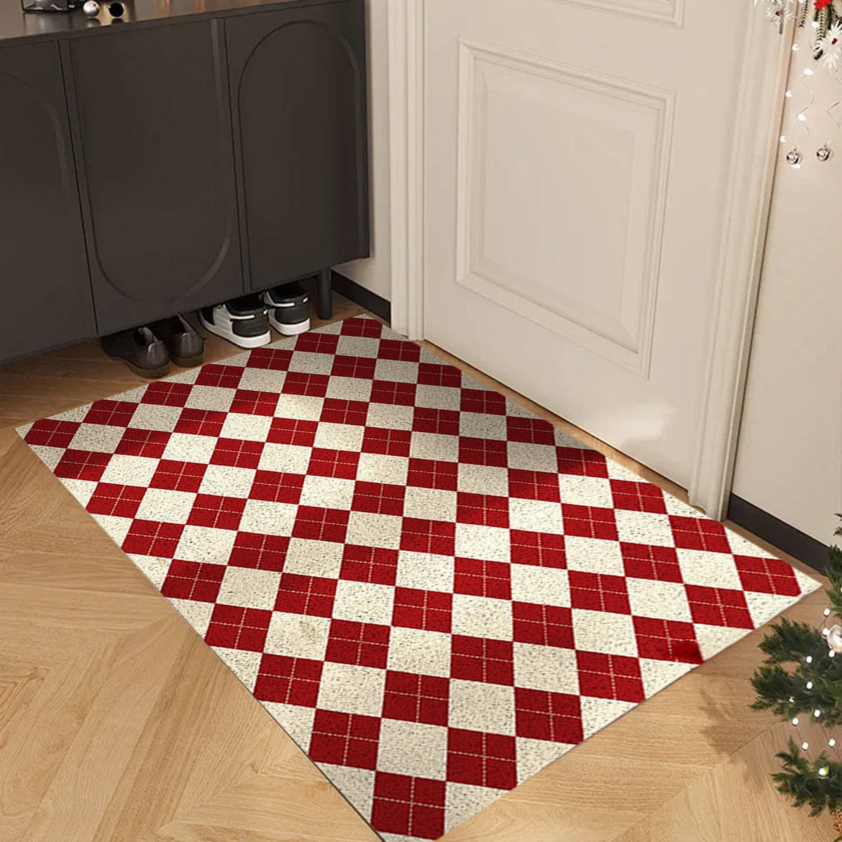 Orange Plaid Fall Outdoor Mat, Hand-Woven Porch Rug for Thanksgiving Halloween Door Decor