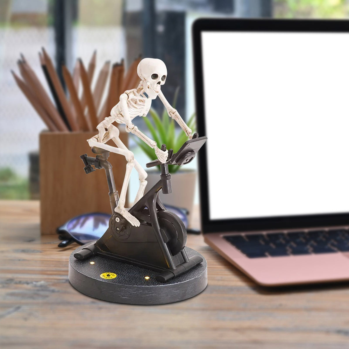 Coollooc Halloween Skeleton, Animated Skeleton Riding Bike 7.8x6 Funny Animatronic Skeleton on Spin Bike Halloween Ornaments, Resin Funny Animatronics Skeleton for Halloween Decor Novelty Gift