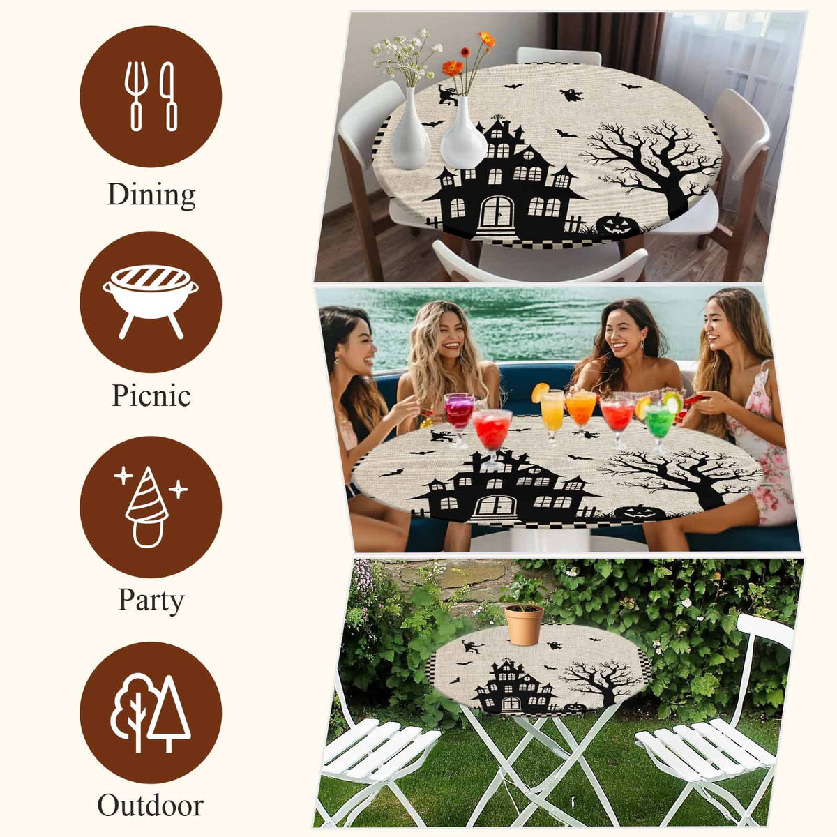Halloween Round Tablecloth 55-60 Inch Round Fitted Table Cloth with Elastic Edge, Spooky Pumpkins Horror Castle Bat Black Plaid Waterproof Table Cover Protector for Outdoor Picnic Party Dining