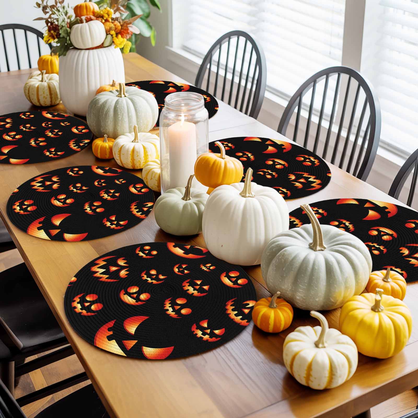Halloween Round Placemats Set of 4 Spooky Jack-O-Lanterns Place Mats Washable Woven Placemat Orange Black Scary Pumpkin Grimace Circle Braided Table Mat for Kitchen Dining Table Party Decor 15 Inch
