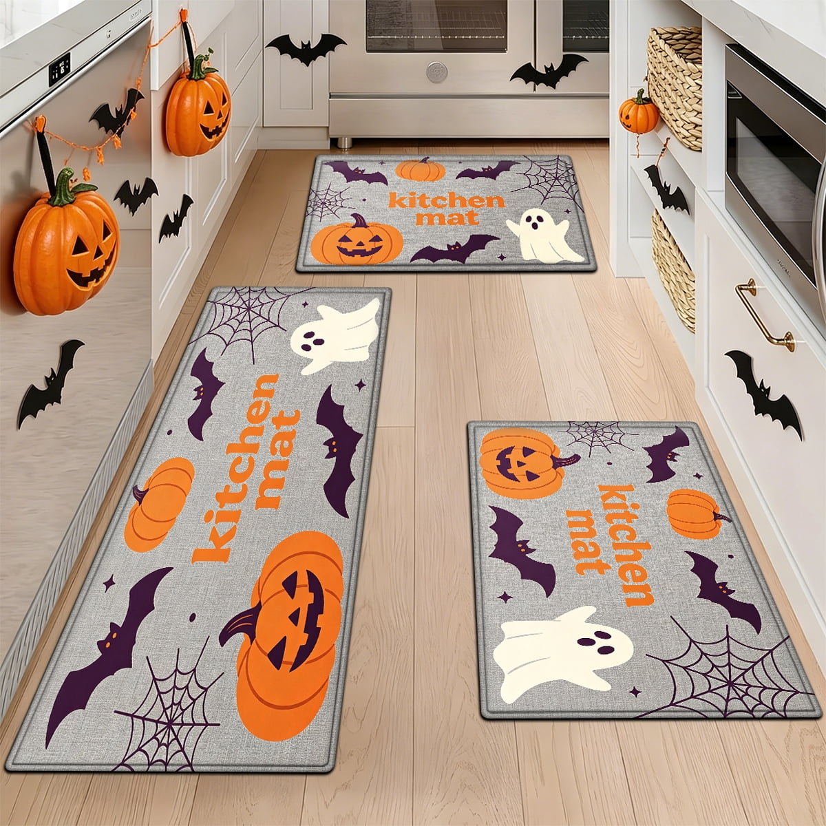 YIMEIS Halloween Pumpkin Lanterns 3Pcs Flannel Mat and Kitchen Rugs Set,Soft Non-slip,Perfect for Home Bathroom
