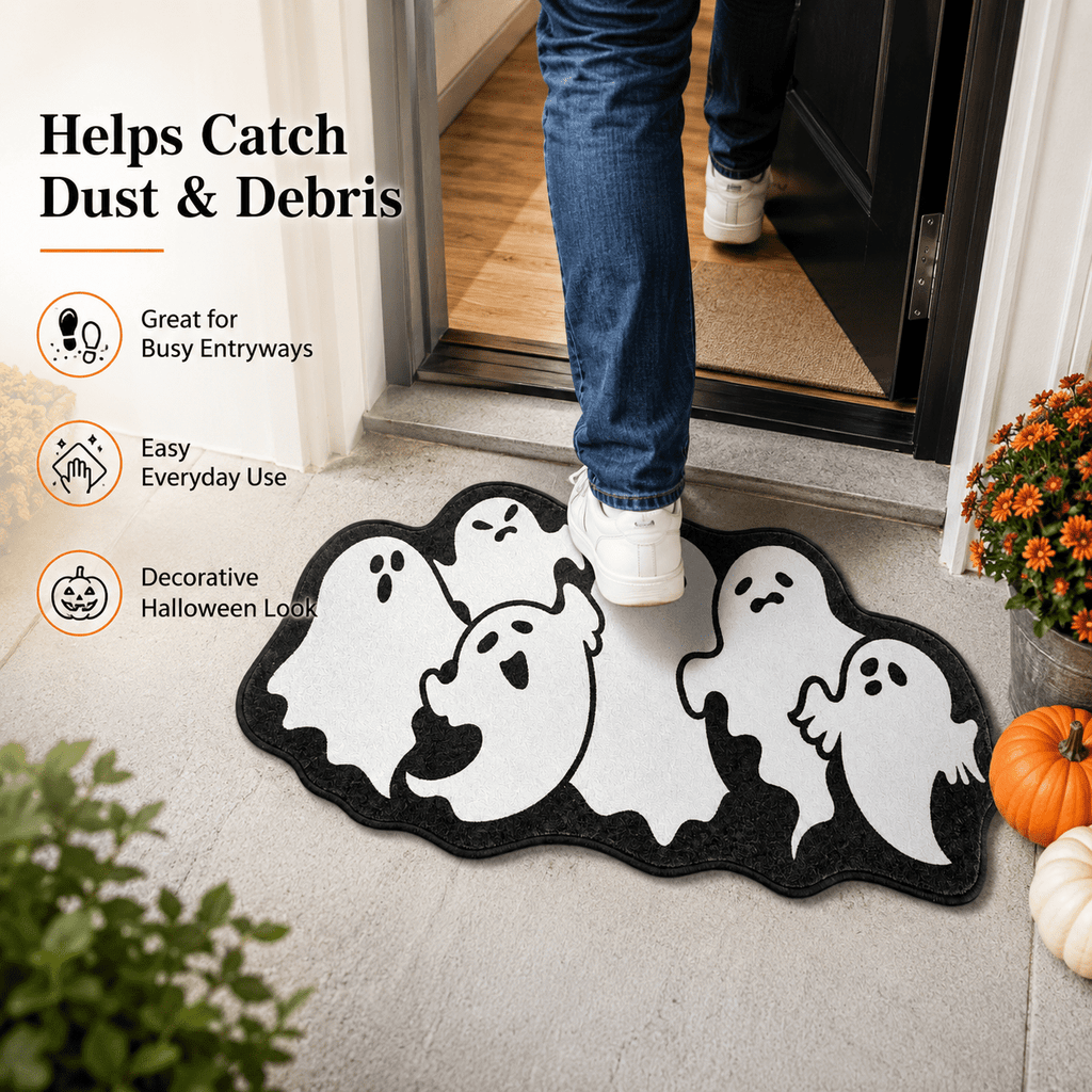 Halloween Ghost Cluster Shaped Welcome Doormat, Cute Ghost Floormat Non Slip Rubber Backing for Halloween Front Porch Entryway Room Decor,40x60cm