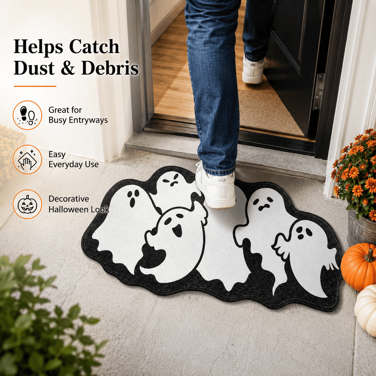Halloween Ghost Cluster Shaped Welcome Doormat, Cute Ghost Floormat Non Slip Rubber Backing for Halloween Front Porch Entryway Room Decor,40x60cm