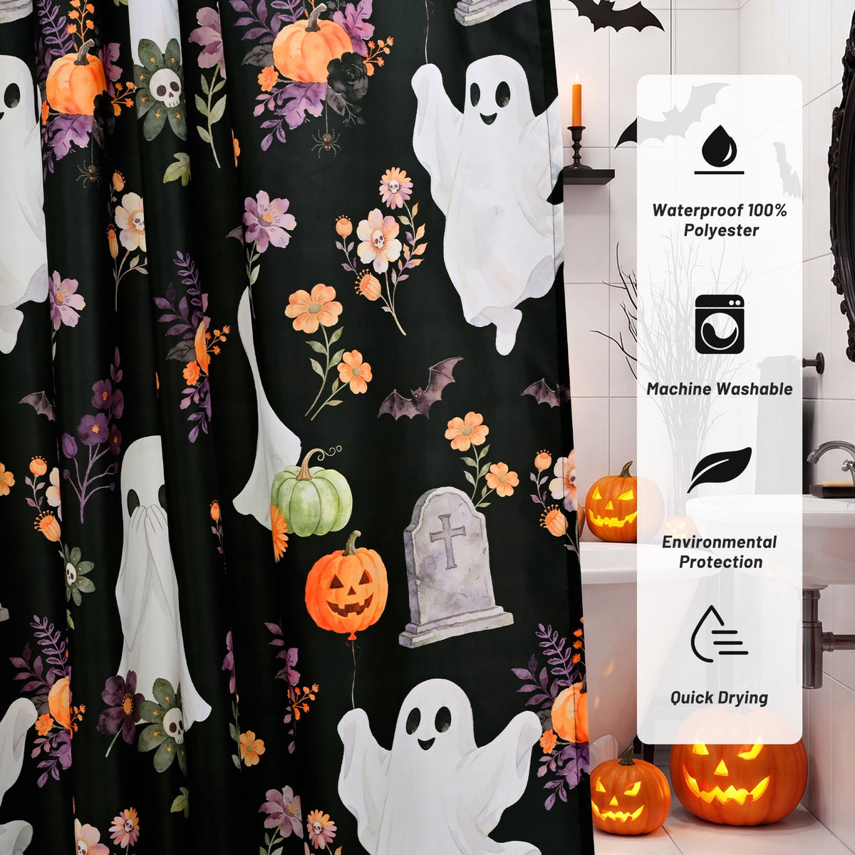 FRAMICS Halloween Shower Curtain Sets with Rugs, 16 Pc Pumpkin Spooky Ghost Bathroom Sets, Black Waterproof Fabric Shower Curtain with 12 Hooks and Toilet Rugs