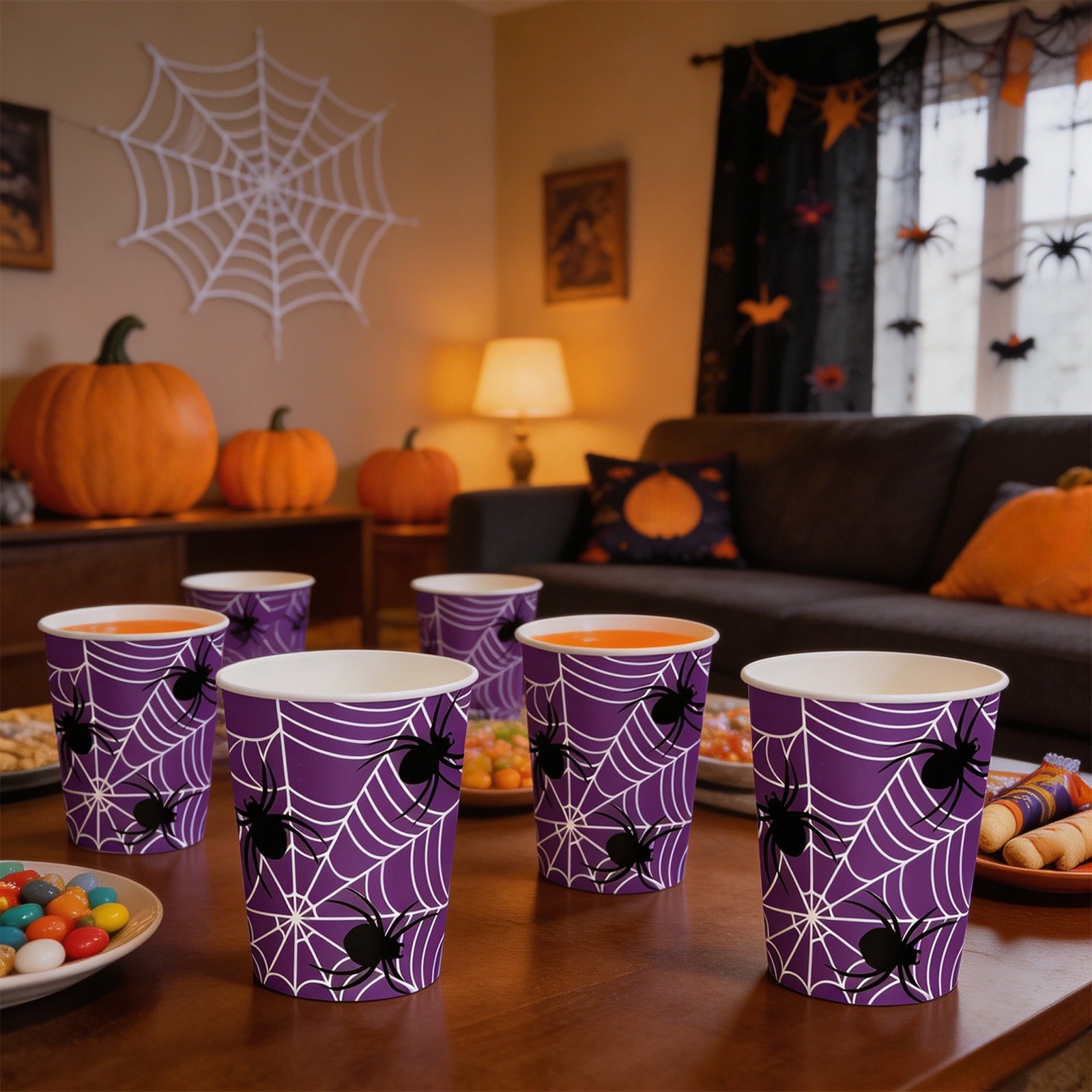 24 Pack Halloween Disposable Tableware Set, Spider and Cobweb Pattern Paper Plates, Halloween Party Supplies Favors