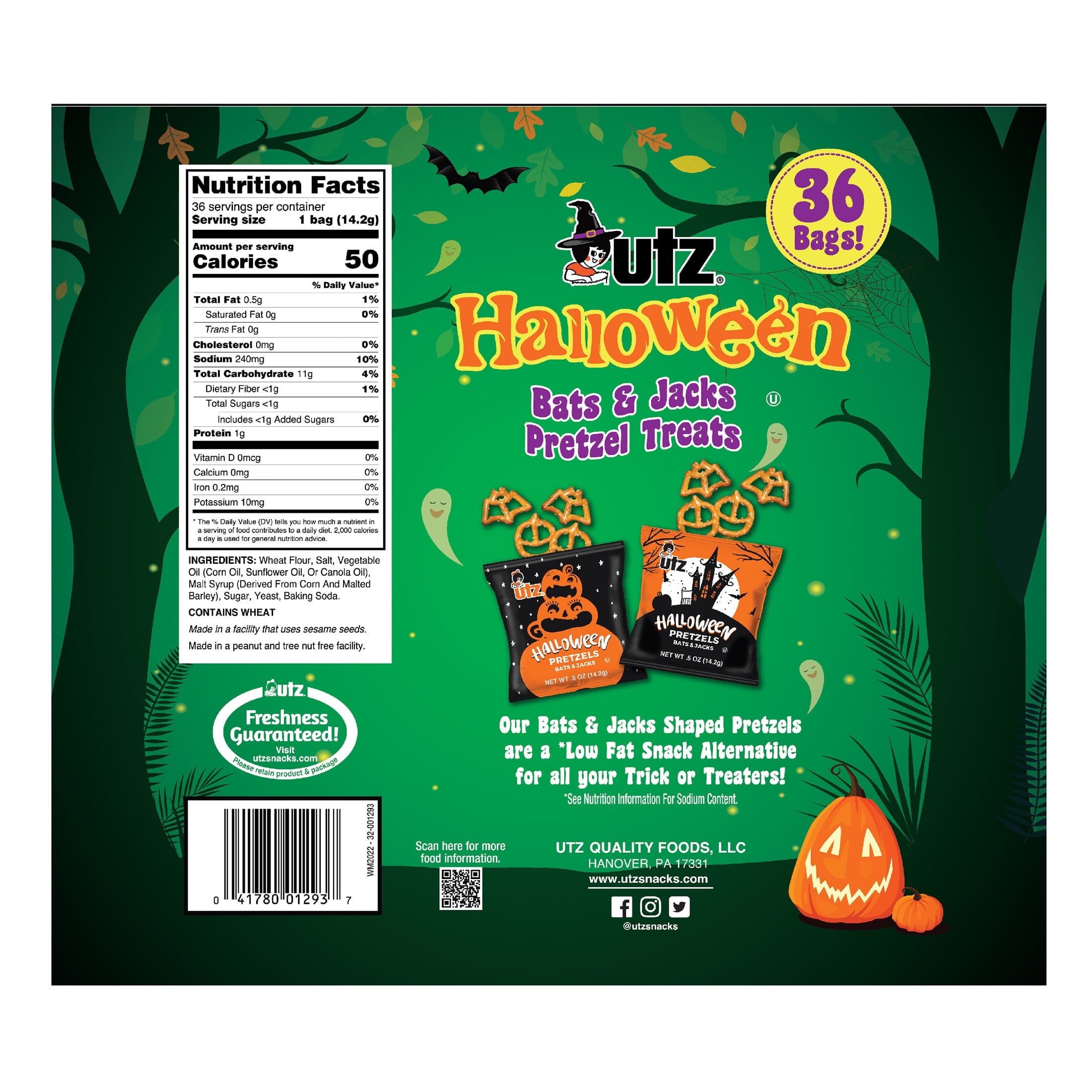 Utz Halloween Bats and Jacks Pretzel Treats, 0.5 oz, 36 Count