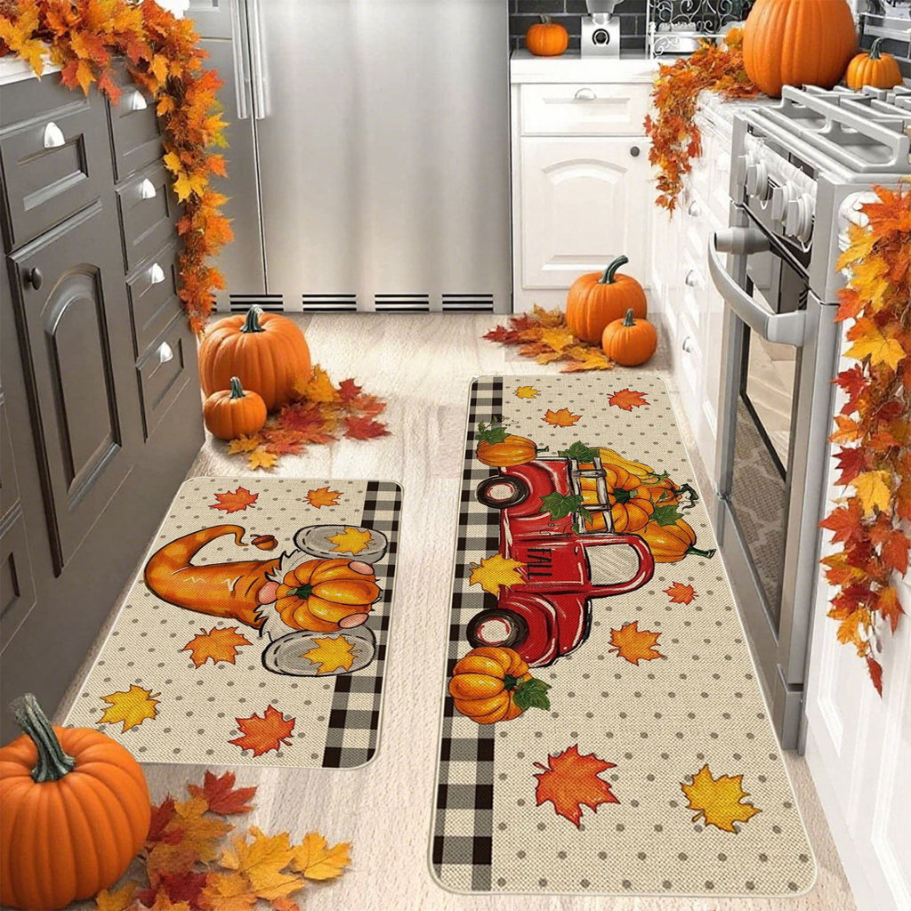 HOARBOEG Fall Pumpkin Maple Leaf Floor Mat 2-Piece Set - Non-Slip Halloween Thanksgiving Decorative Rug for Bathroom, Kitchen, Porch, Entrance, Polyester Foot Mats, Easy Clean Indoor/Outdoor