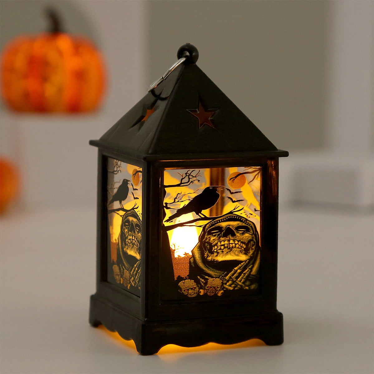 Halloween LED Lanterns with Spooky Skeleton, Owl, Bat, Castle & Flame Designs – Battery Operated Hanging Lights for Indoor/Outdoor Halloween Party Decor (C)