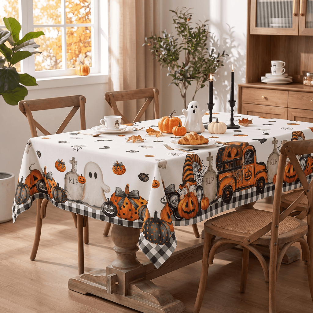 Sm:)e Truck Jack O Lantern Pumpkin Bat Buffalo Plaid Halloween Tablecloth 60 x 84 Inch, Wrinkle-Resistant Table Cover for Dining Decor, Rectangle