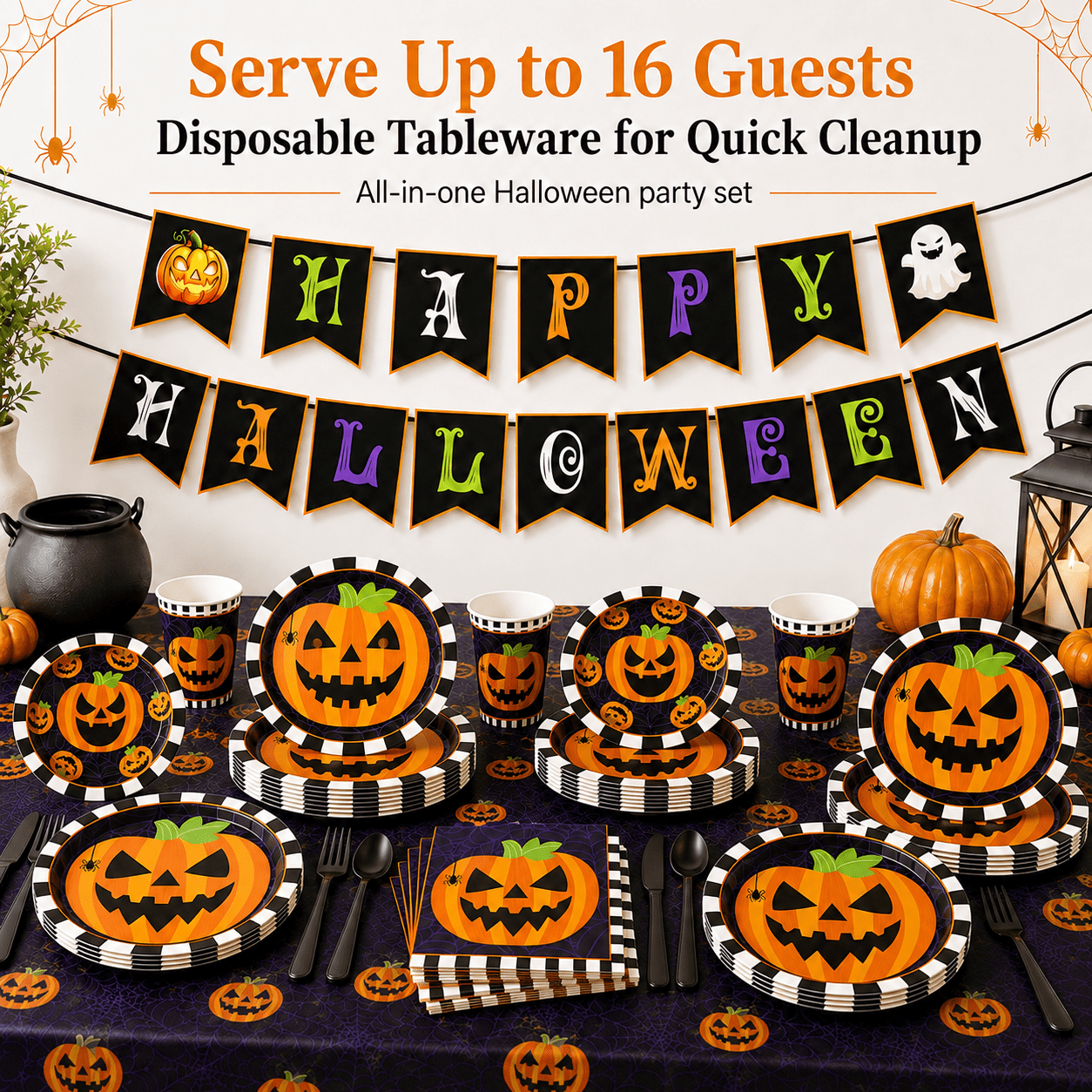 Halloween Paper Plates for Halloween Party Decoration Disposable Cups Napkins Table Cover for Halloween Banner Birthday Party Supplies Serve 20 Design 3