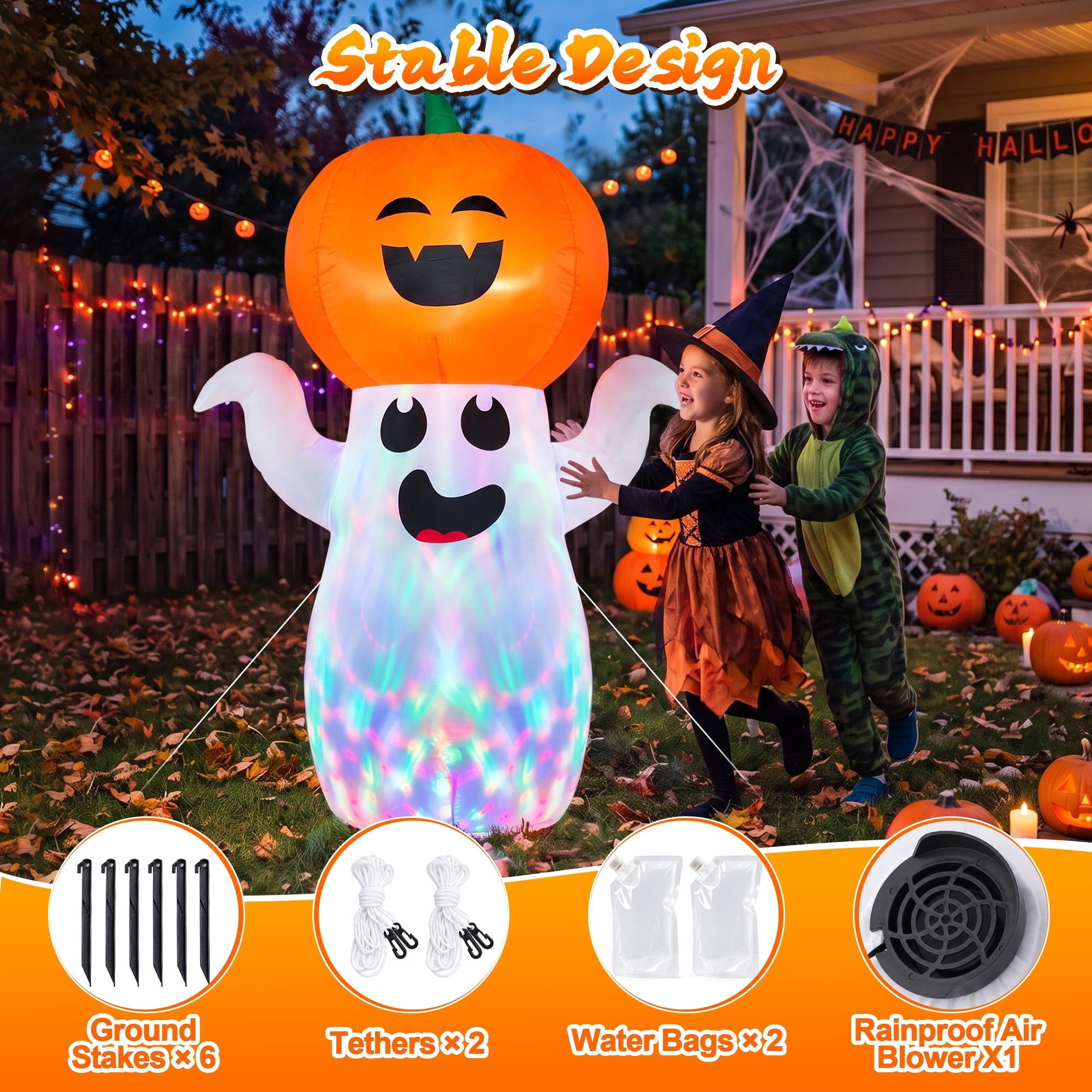 GVDV 5Ft Halloween Inflatable Pumpkin Ghost with 360° Rotating Colorful LED Lights, Cute Indoor/Outdoor Decor for Party, Yard, Lawn