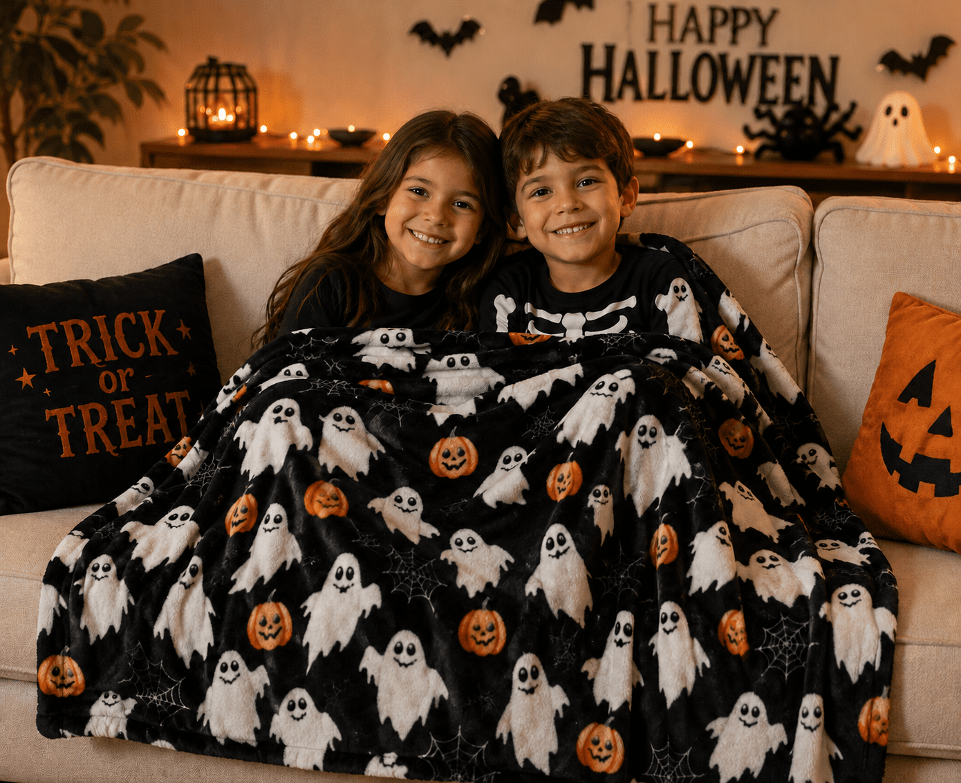 Serafina Home Halloween Throw Blanket: Fuzzy Boo! Jack O'Lantern Spider Webs Skull and Black Cats Print on Velvet Fleece for Sofa Bed Couch Chair Dorm